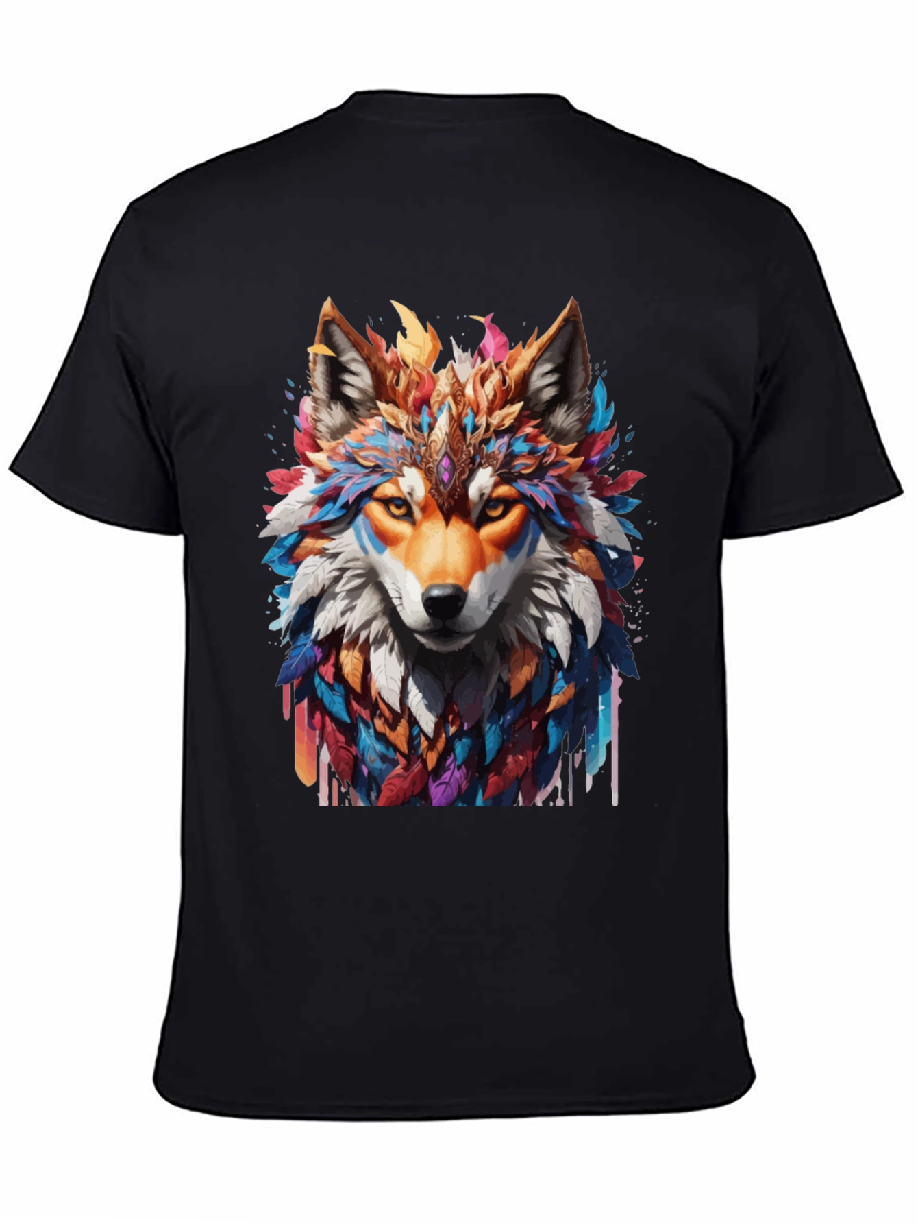 Black Colorful Wolf Graphic T-Shirt view 4