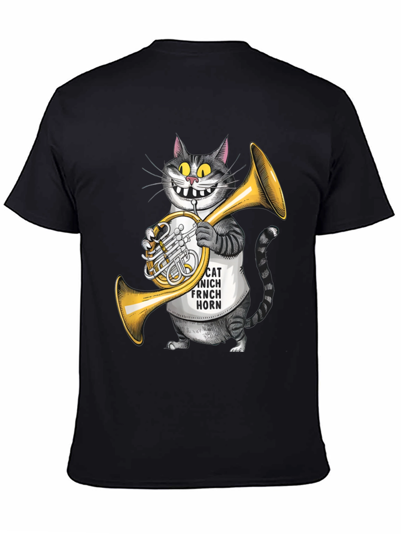 Black Funny Cat French Horn Player T-Shirt view 4