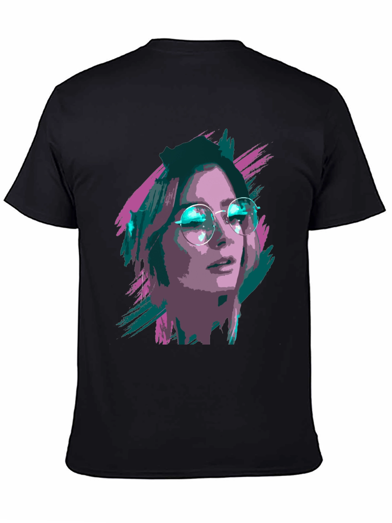 Black Stylish Graphic T-Shirt - Woman with Glasses Print view 4