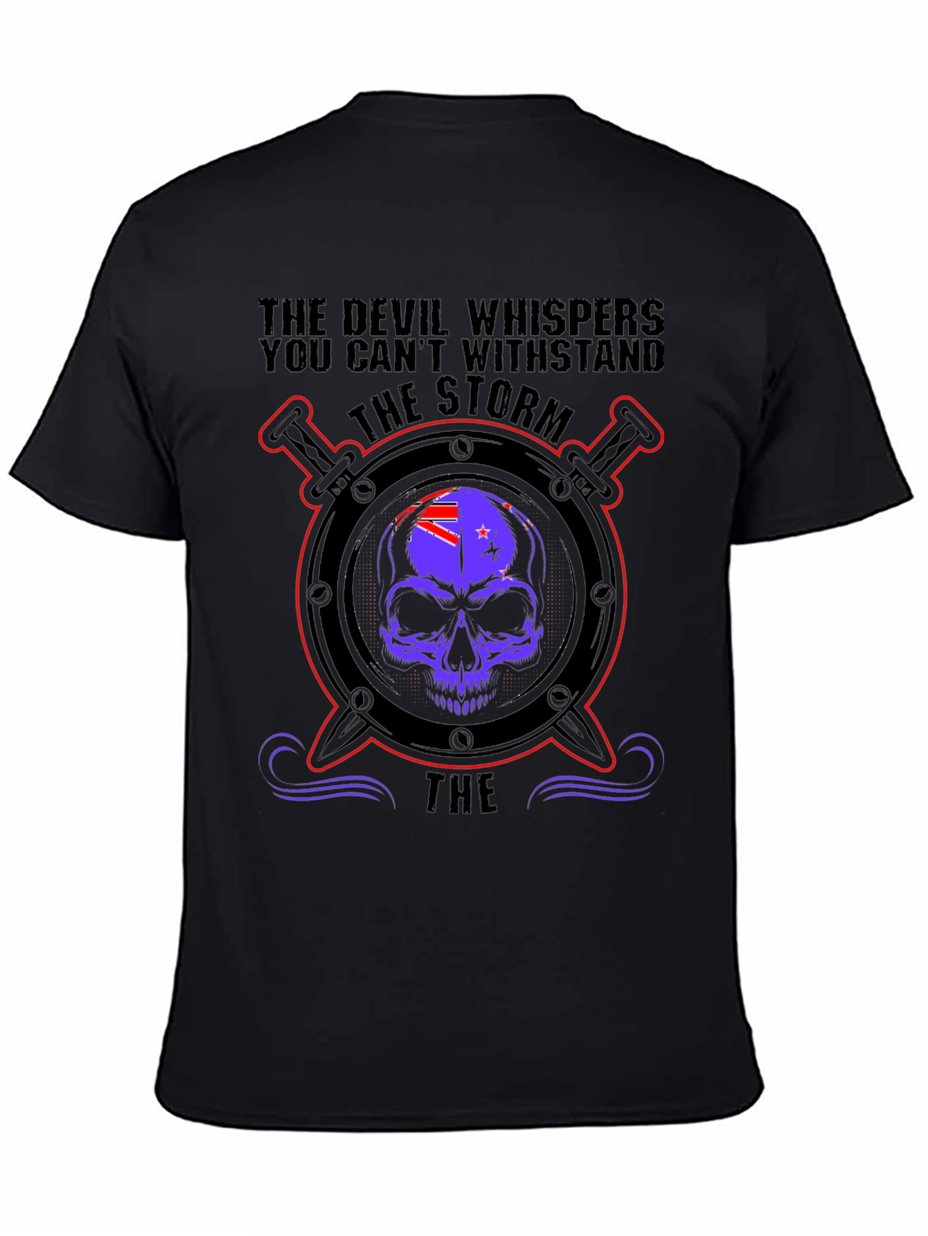 Black Devil Whispers Storm T-Shirt - Skull & Swords Design view 4