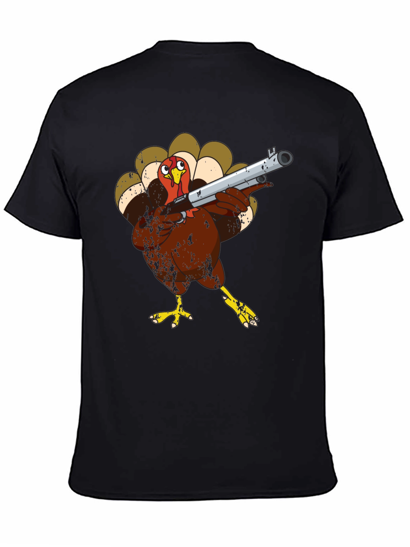 Black Turkey with Shotgun Black T-Shirt - Funny Thanksgiving Tee view 4