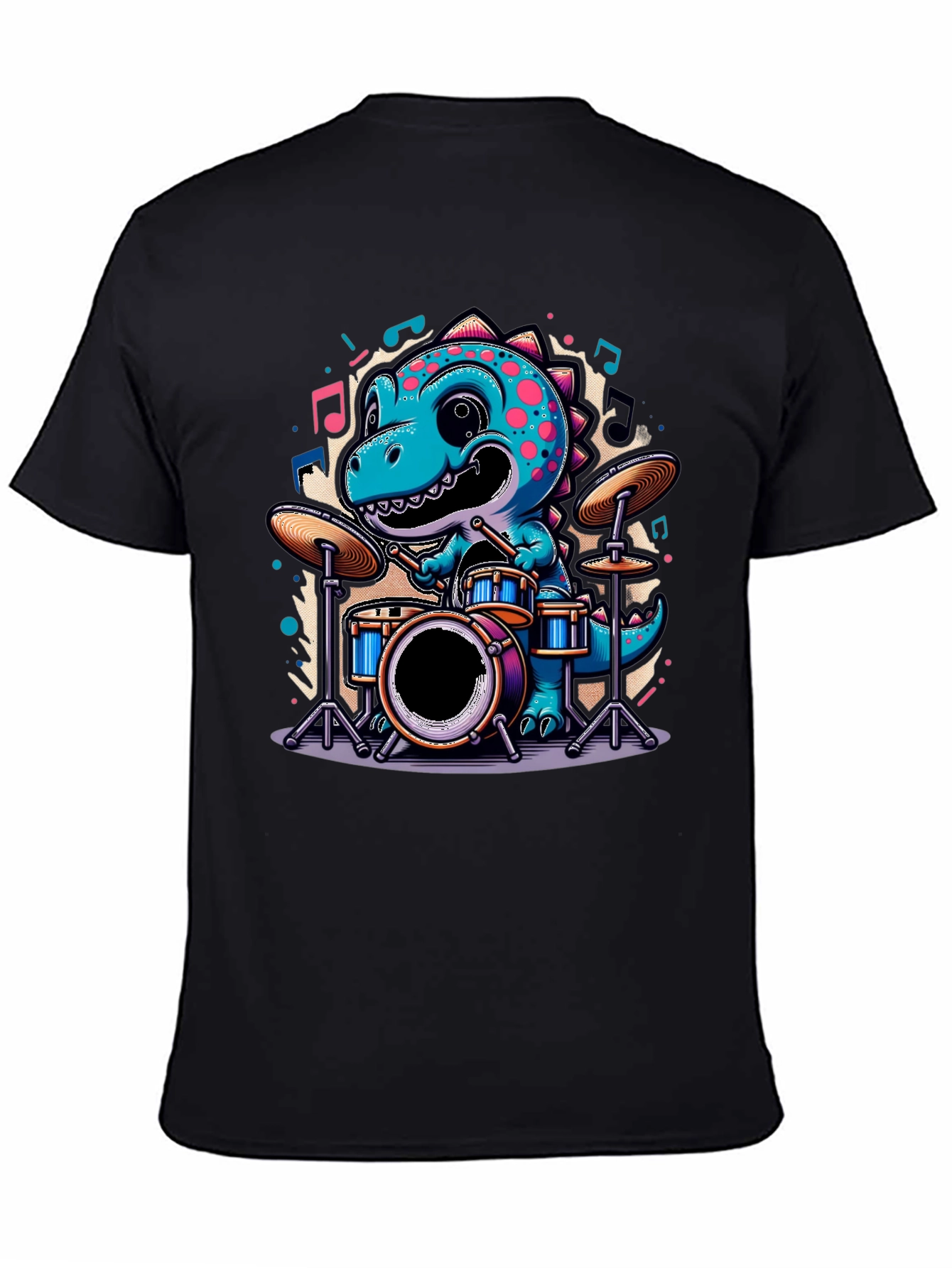 Black Dino Drummer Tee - Cute Cartoon Dinosaur T-Shirt view 4