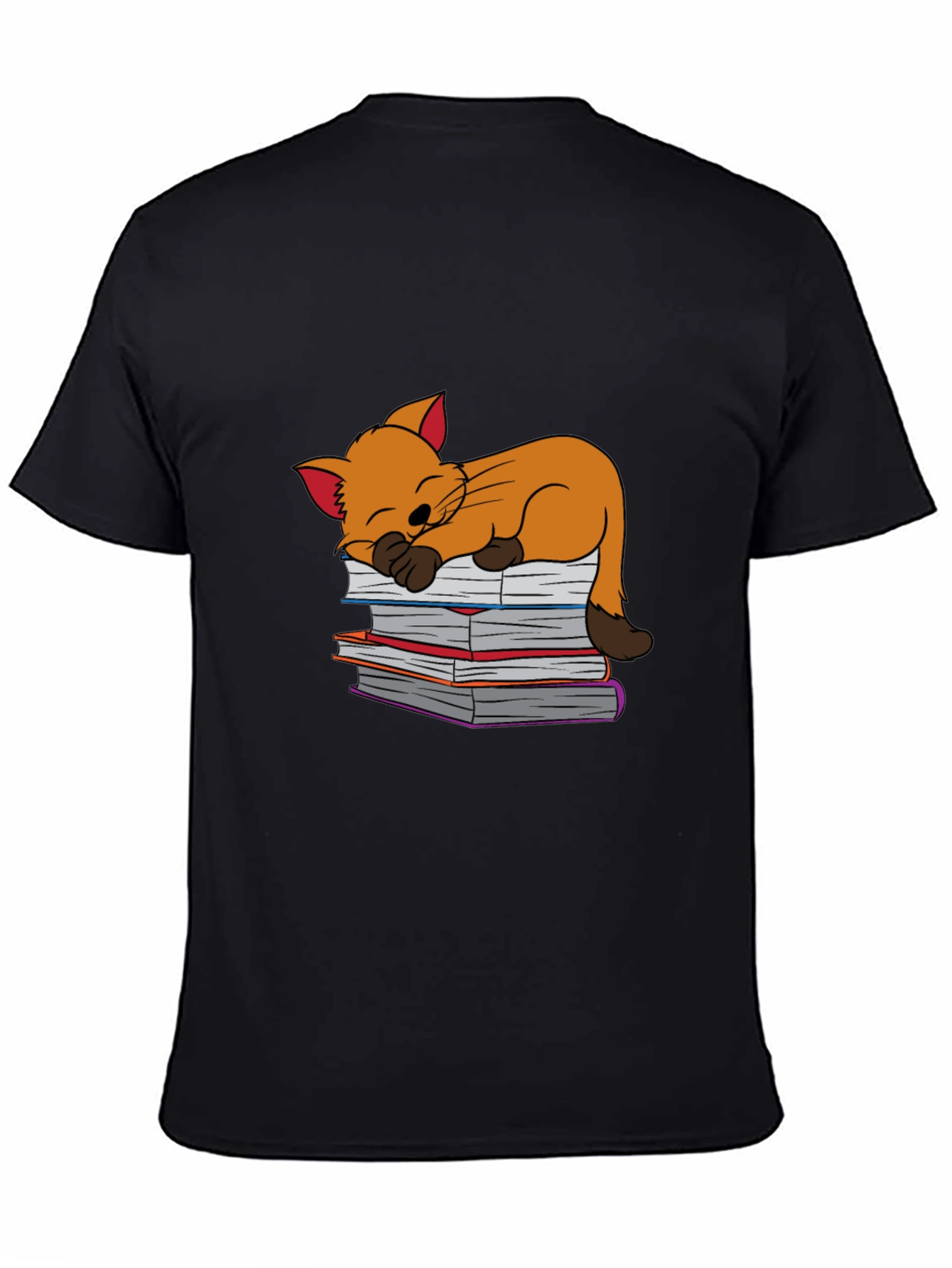 Black Cute Cat Sleeping on Books T-Shirt - Black view 4