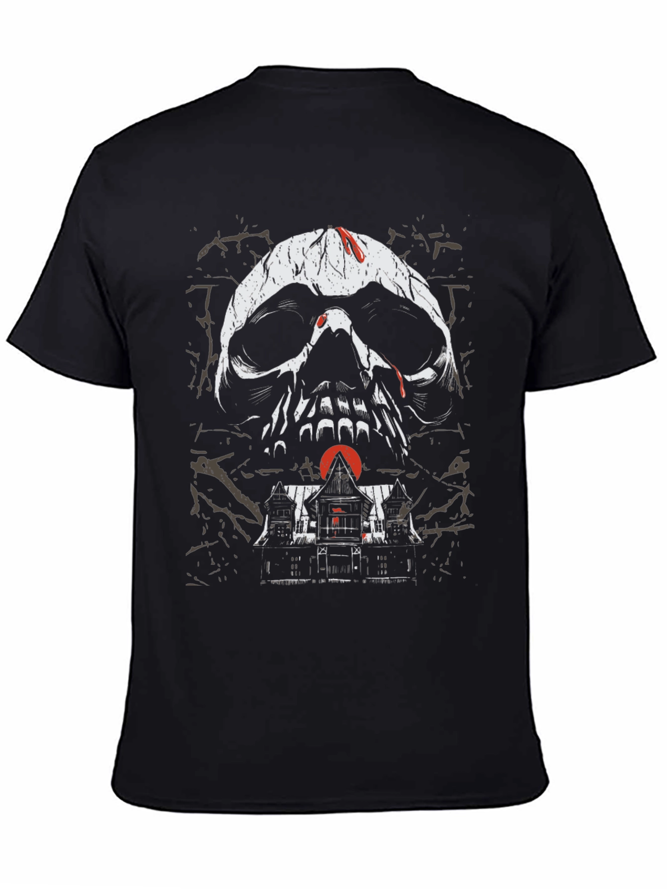 Skull & Haunted House Graphic Tee - Gothic Black T-Shirt - 4