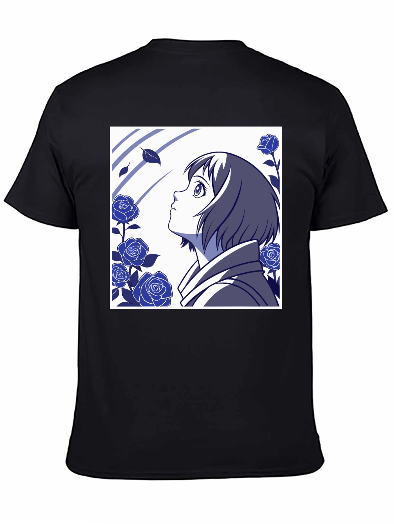 Black Anime Girl & Roses Graphic Tee - Stylish Black T-Shirt view 4