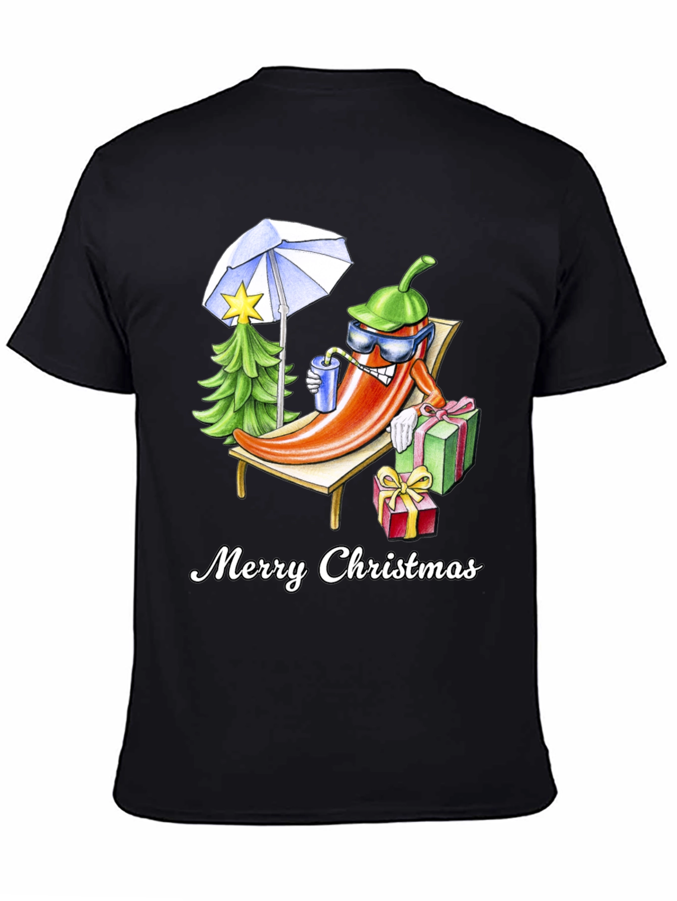 Black Holiday Heat T-Shirt: Merry Christmas Pepper Design view 4