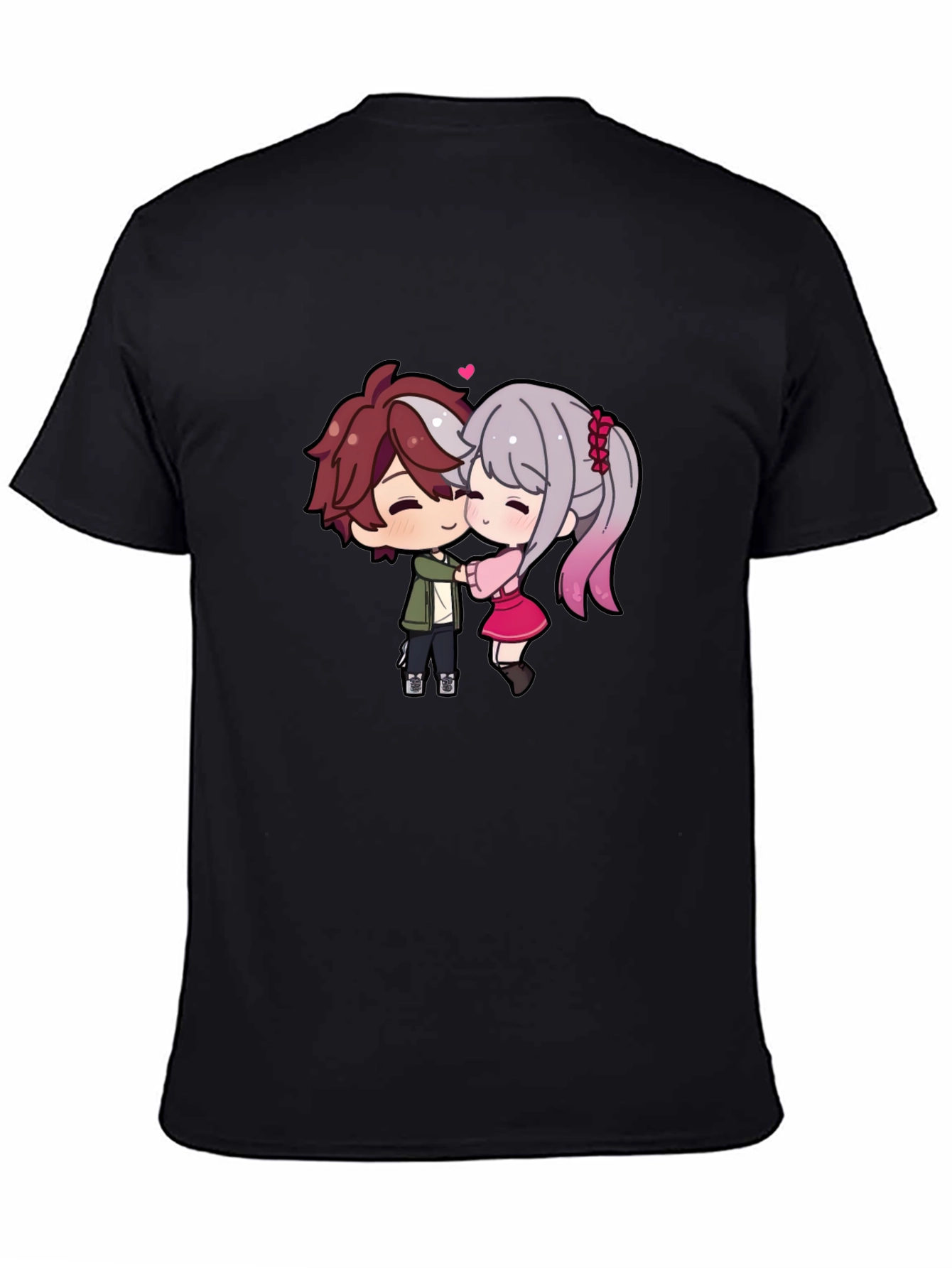 Black Cute Anime Couple T-Shirt - Sweet Embrace view 4