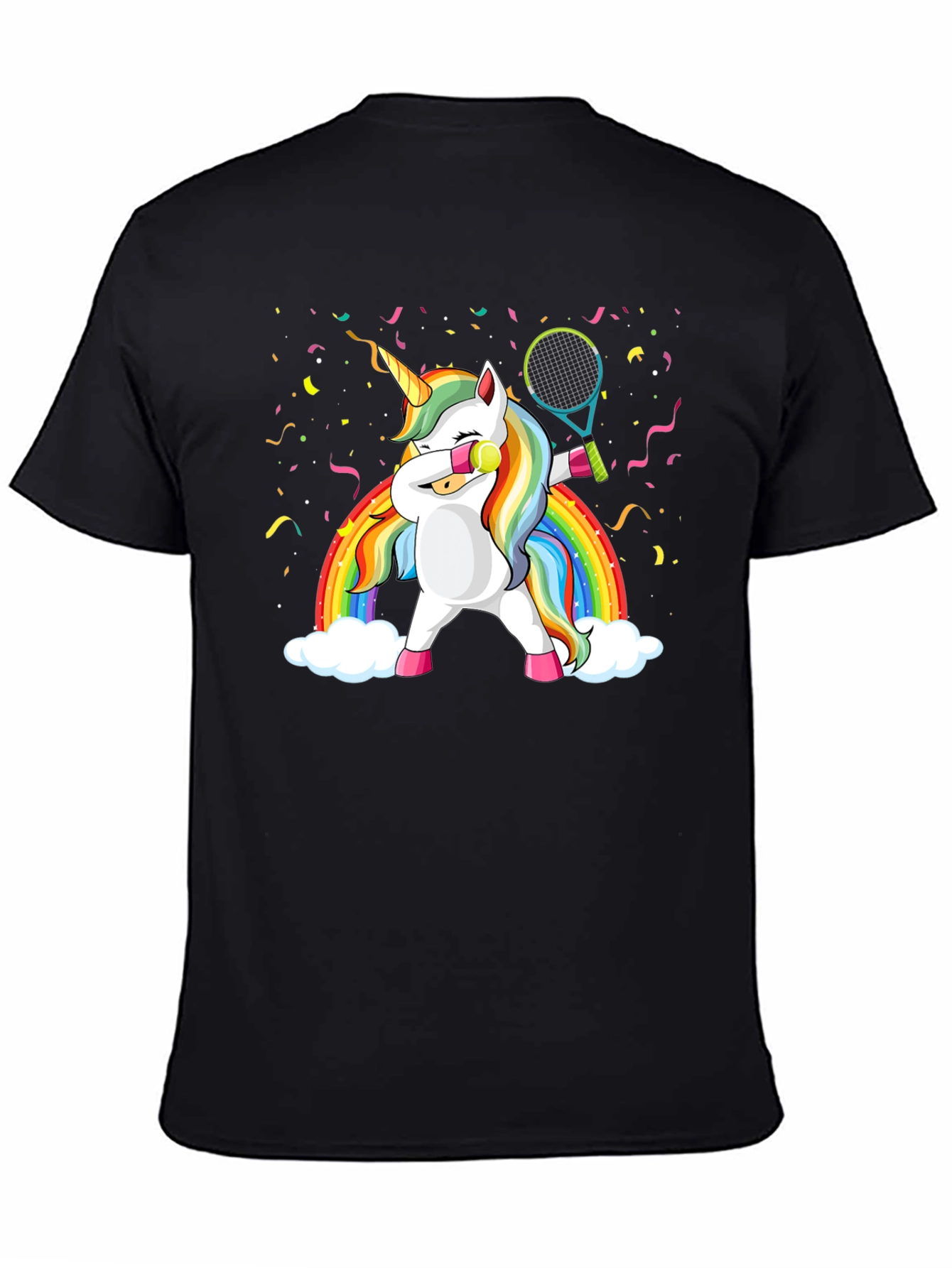 Black Dabbing Unicorn Tennis Rainbow Graphic T-Shirt view 4