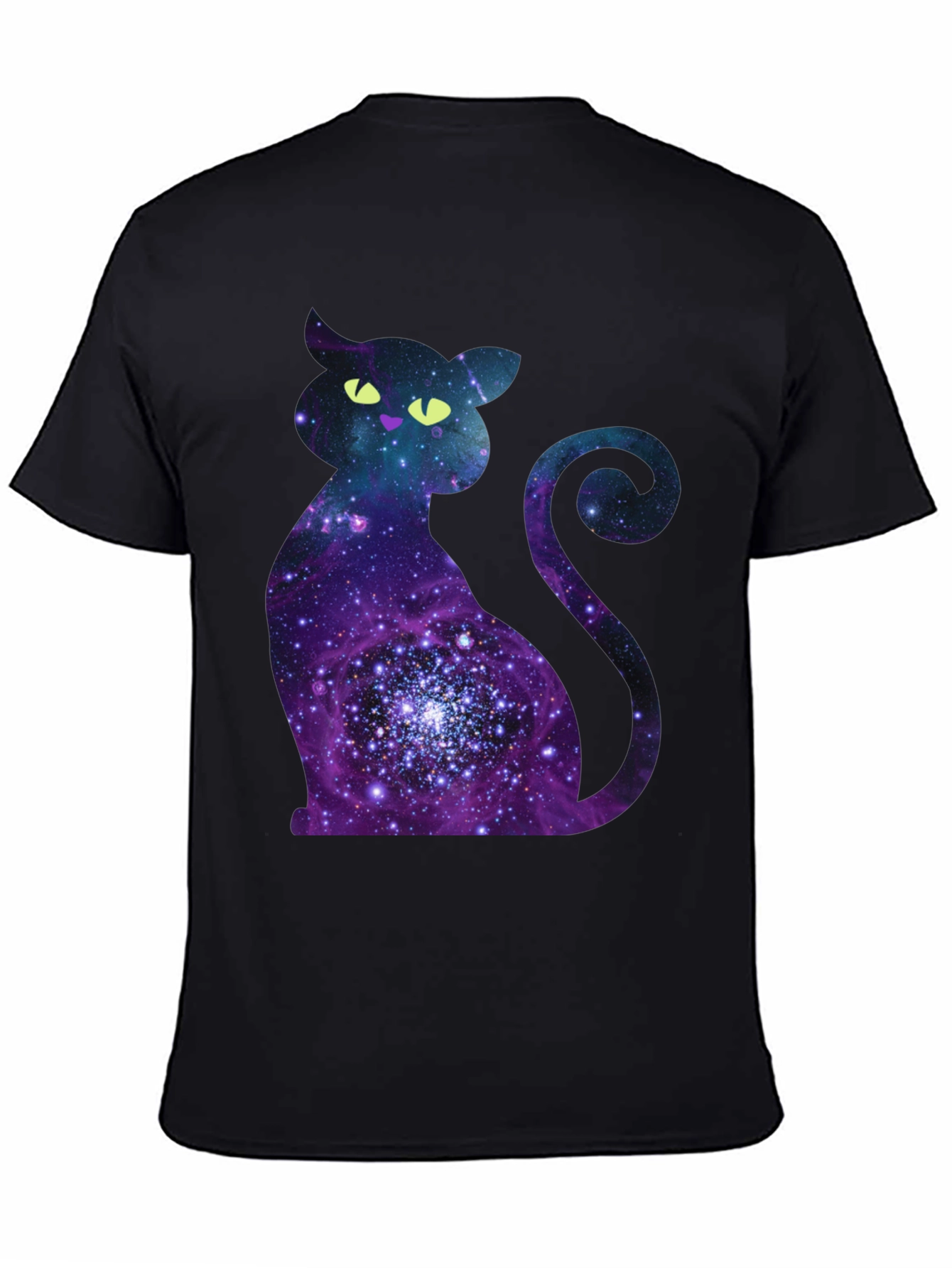 Black Galaxy Cat Graphic Print Crew Neck T-Shirt view 4
