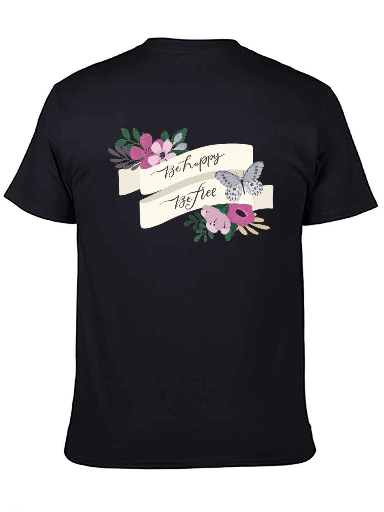 Black Be Happy Be Free Floral Butterfly Graphic Tee view 4