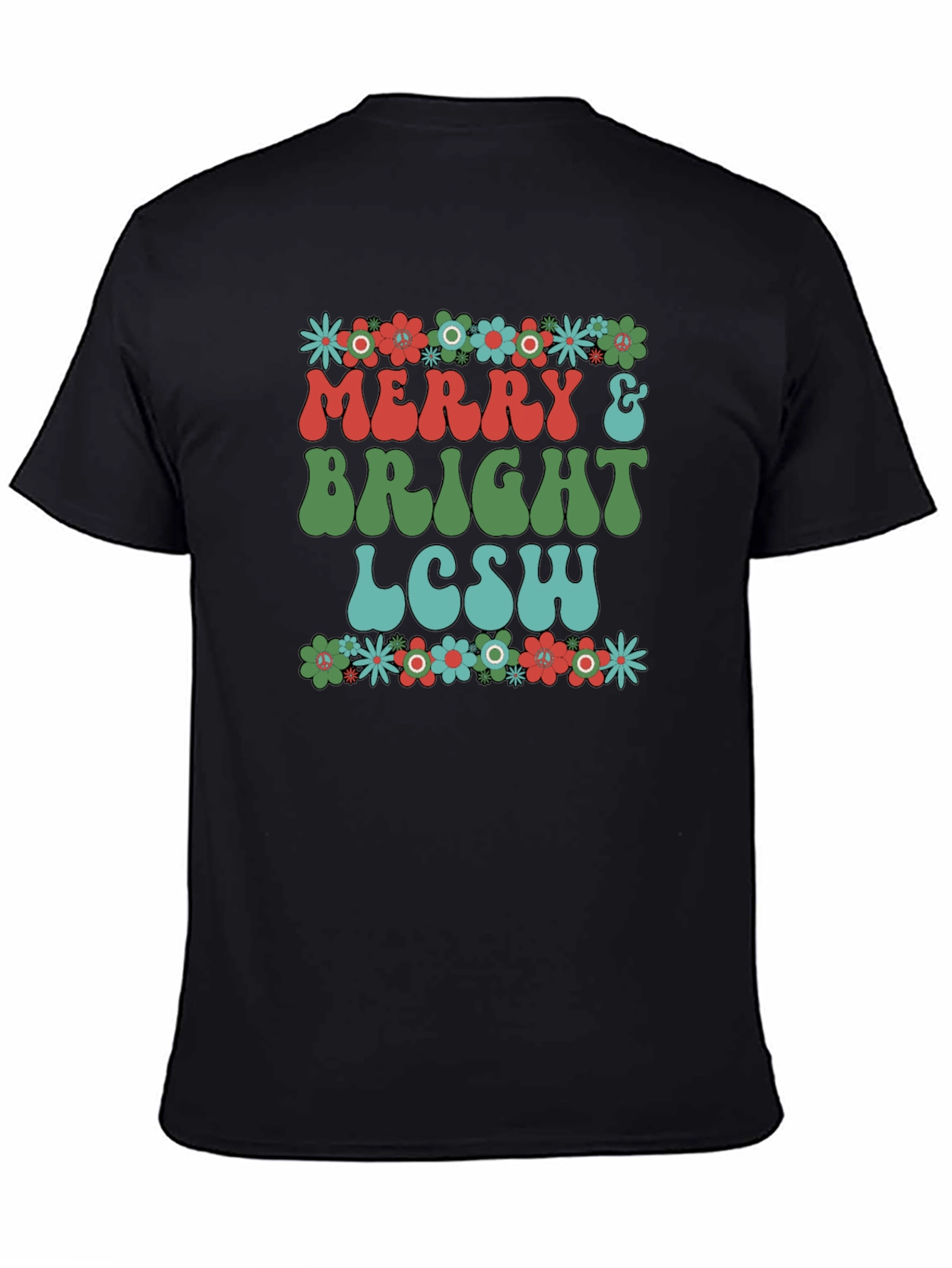 Black Merry & Bright LCSW T-Shirt - Floral Design view 4