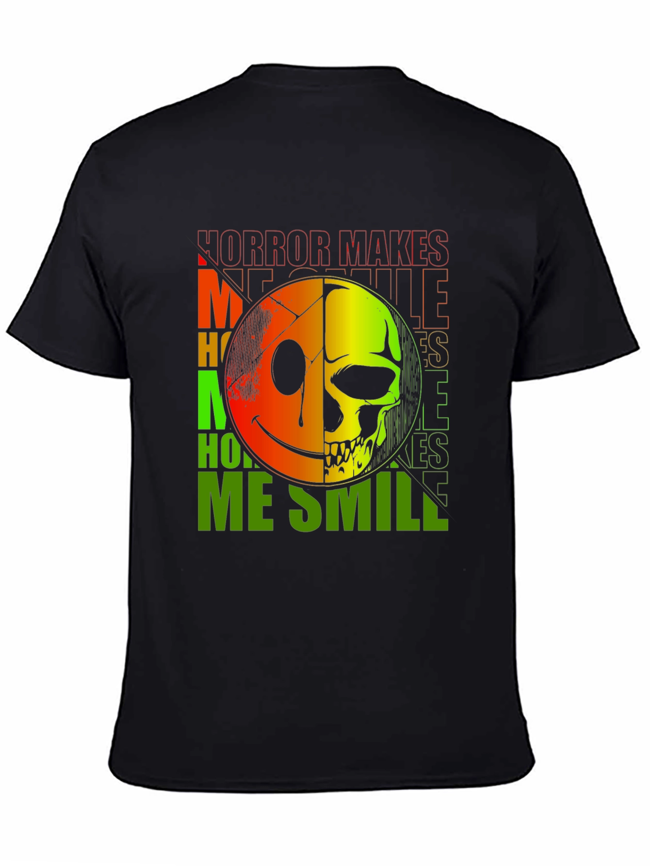 Black Horror Makes Me Smile T-Shirt - Half Smile, Half Skull view 4