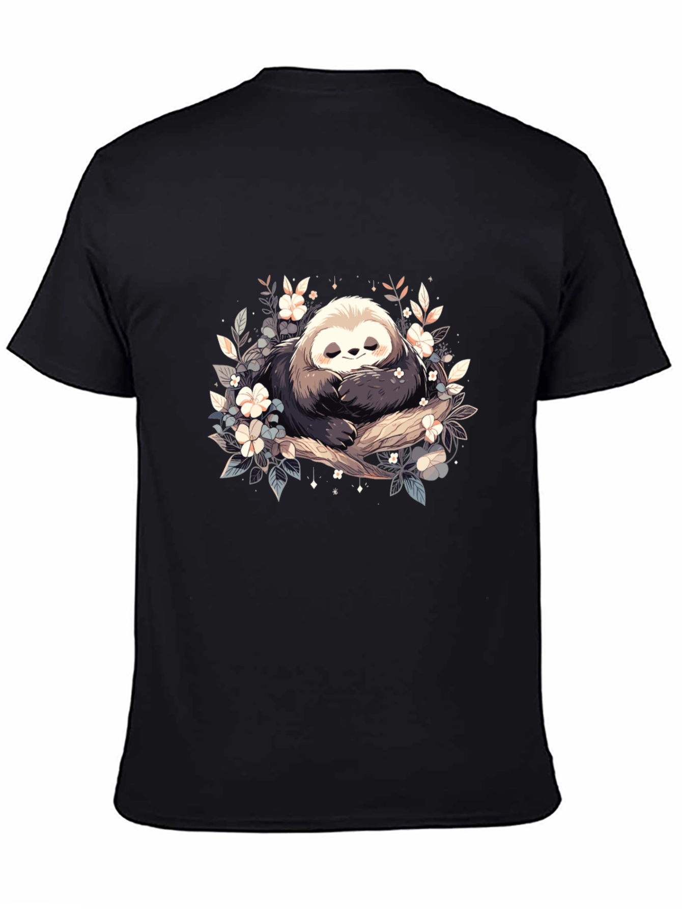 Black Cute Sloth with Flowers Graphic T-Shirt view 4