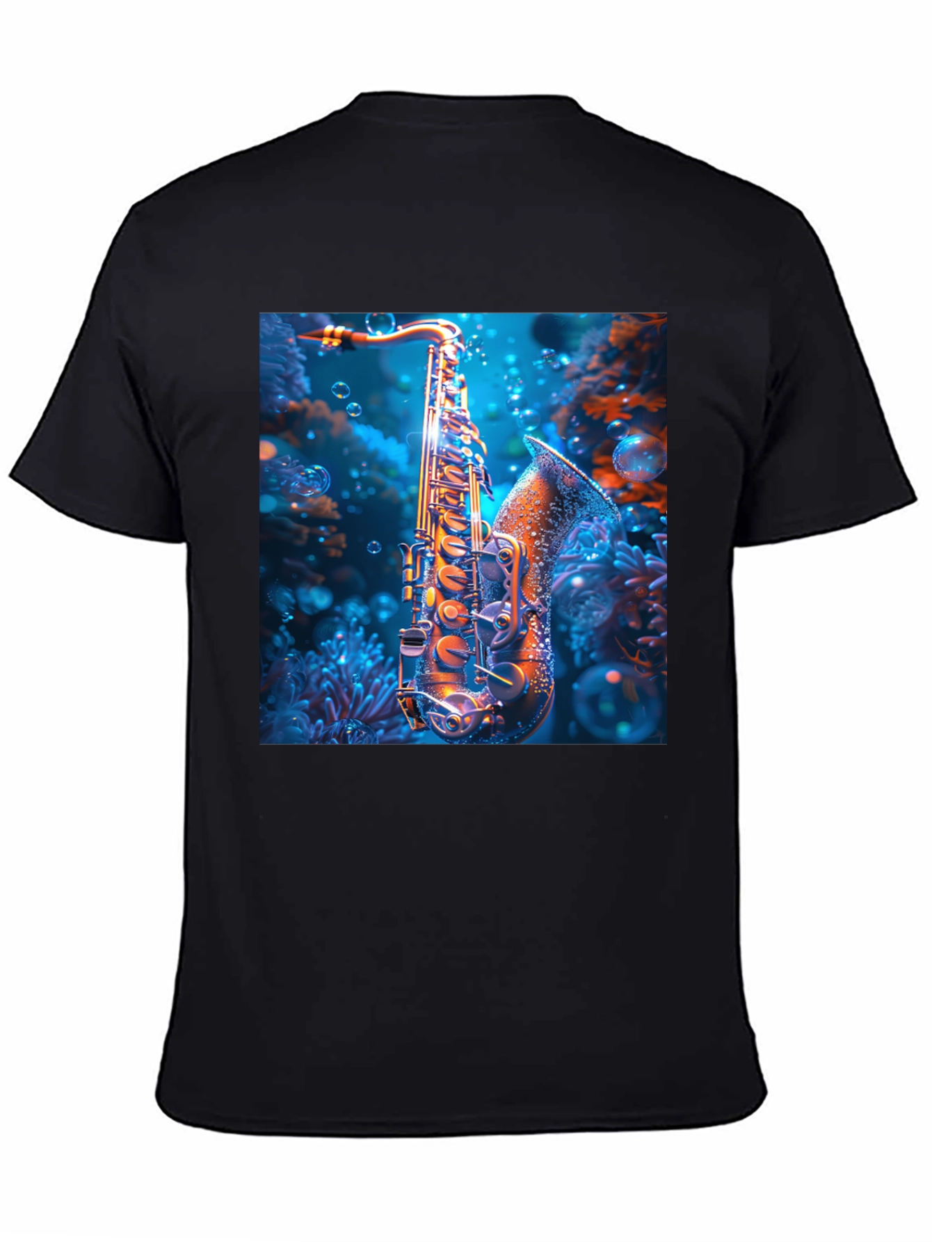 Black Saxophone Underwater T-Shirt - Unique Musical Design view 4