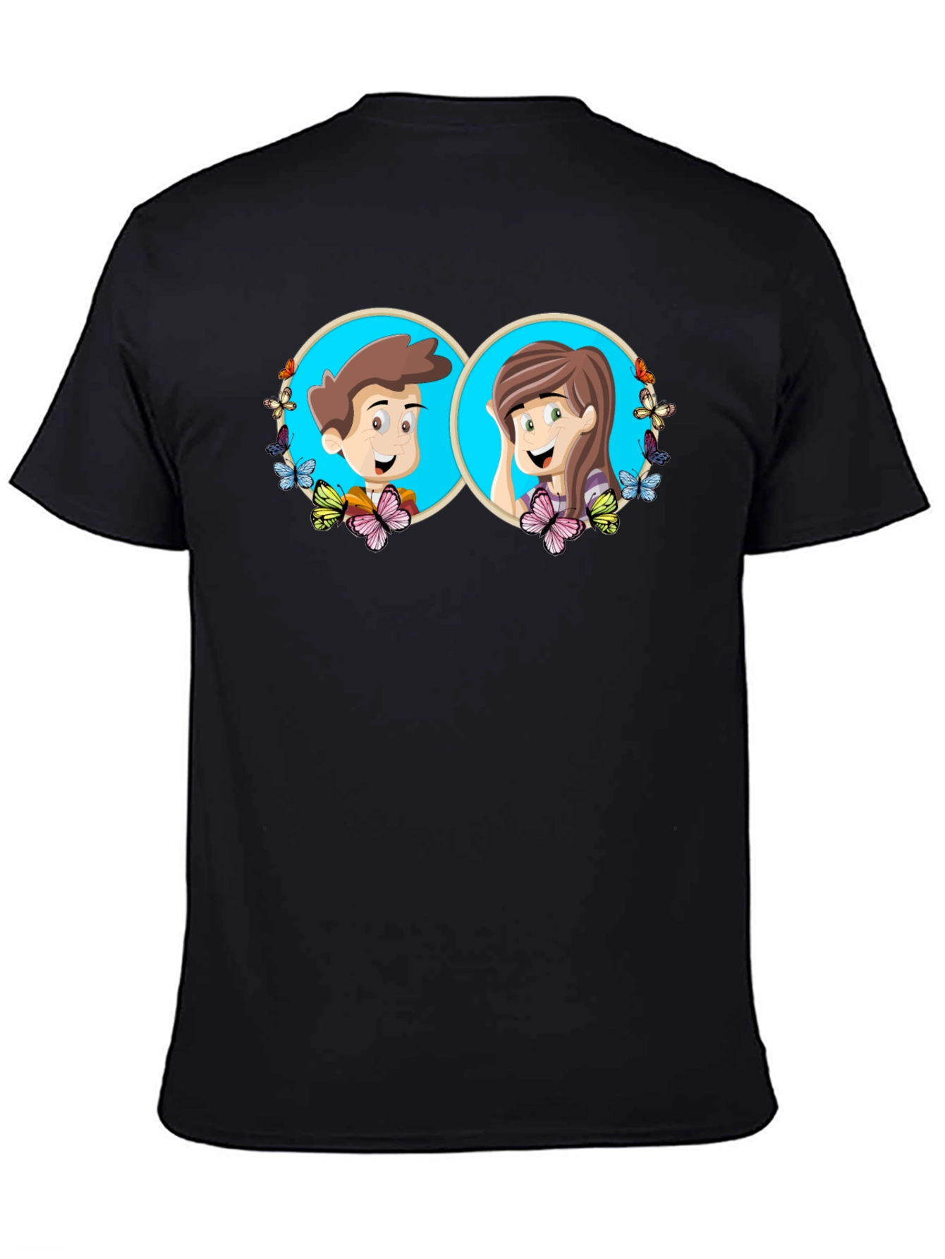 Black Cartoon Couple Graphic Tee - Quirky Black T-Shirt view 4