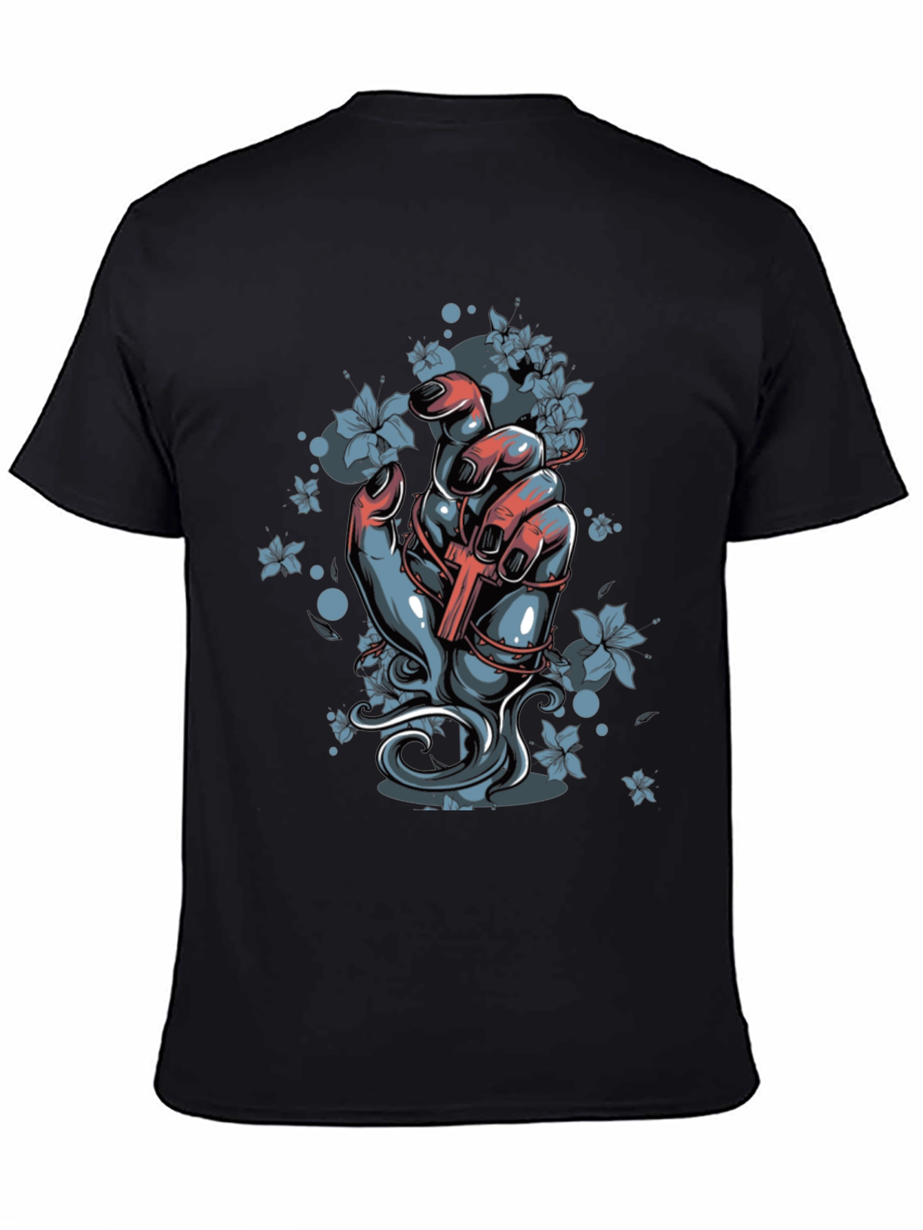 Floral Cross Graphic Black T-Shirt - 4