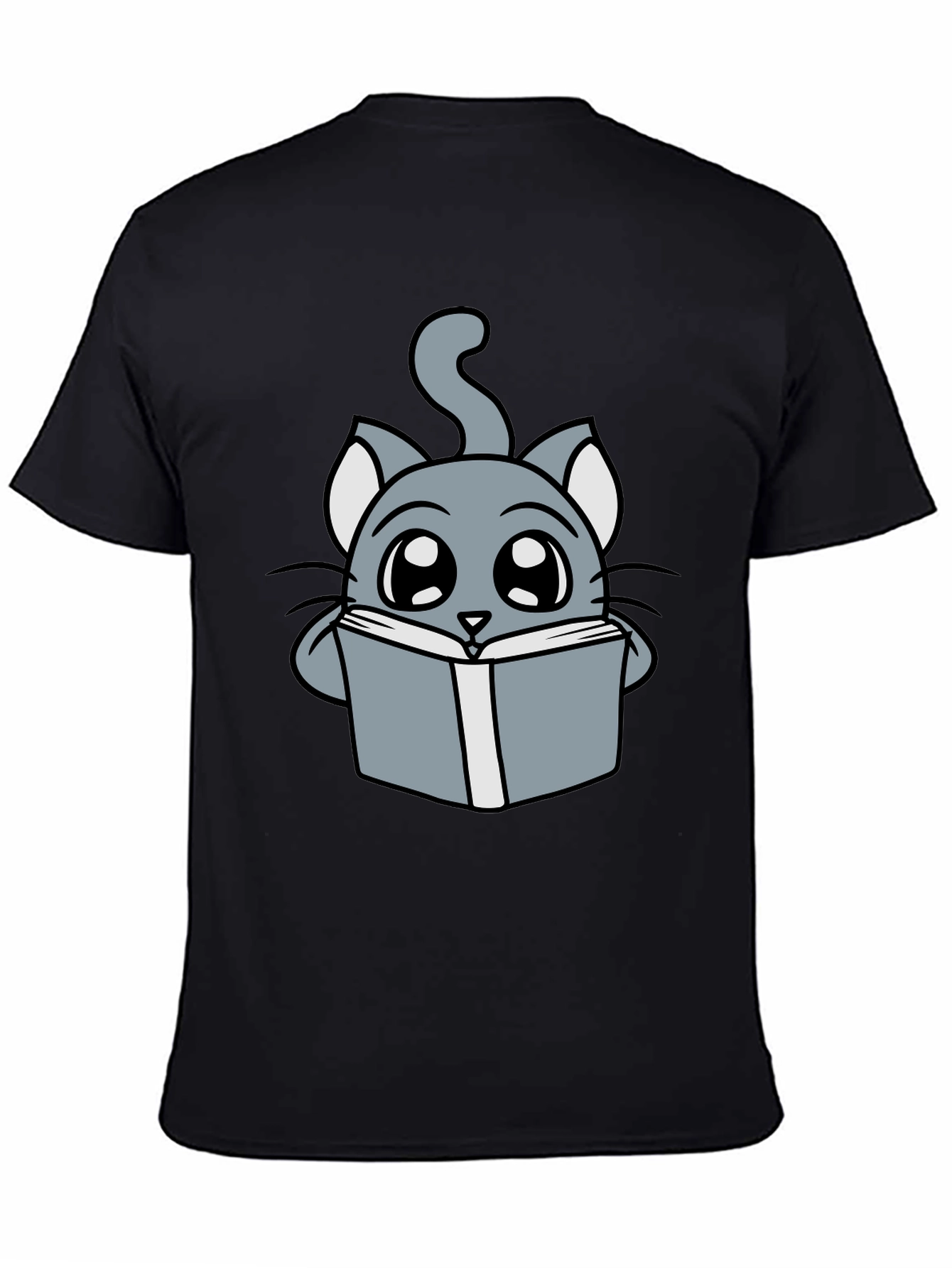Black Cute Cartoon Cat Reading T-Shirt view 4