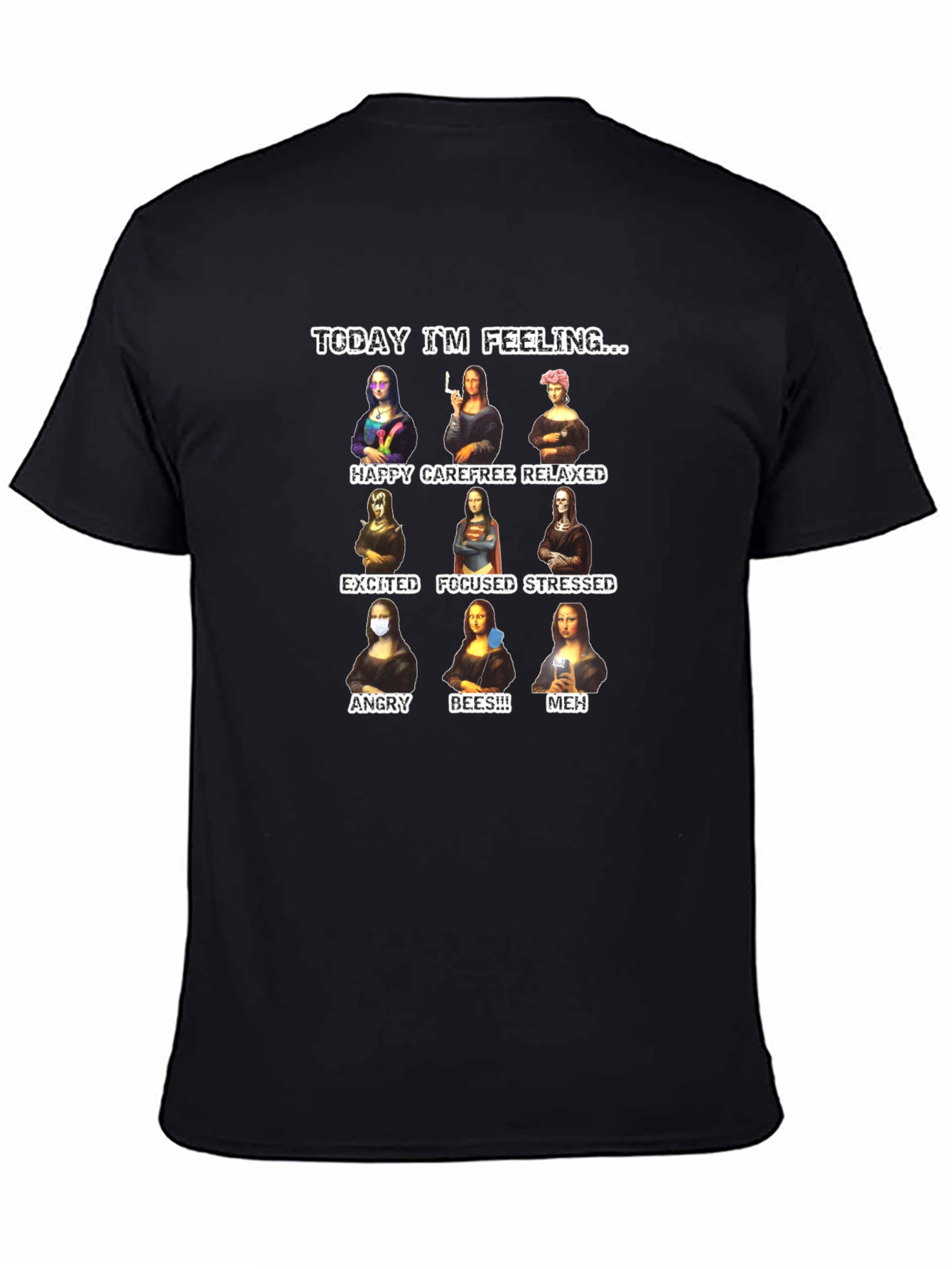 Black Funny Mona Lisa Moods Graphic T-Shirt view 4