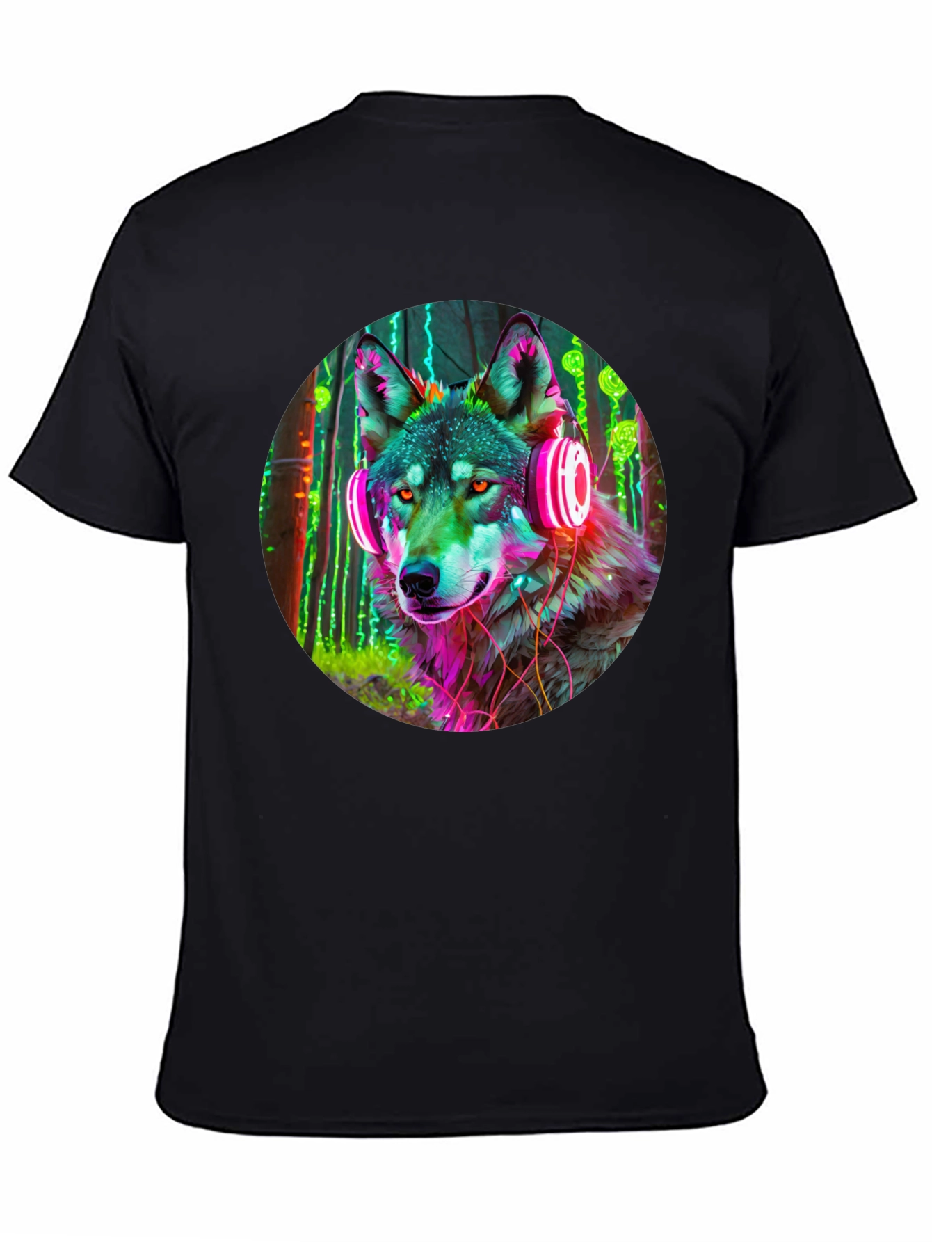 Black Neon Wolf Headphones Graphic Tee view 4