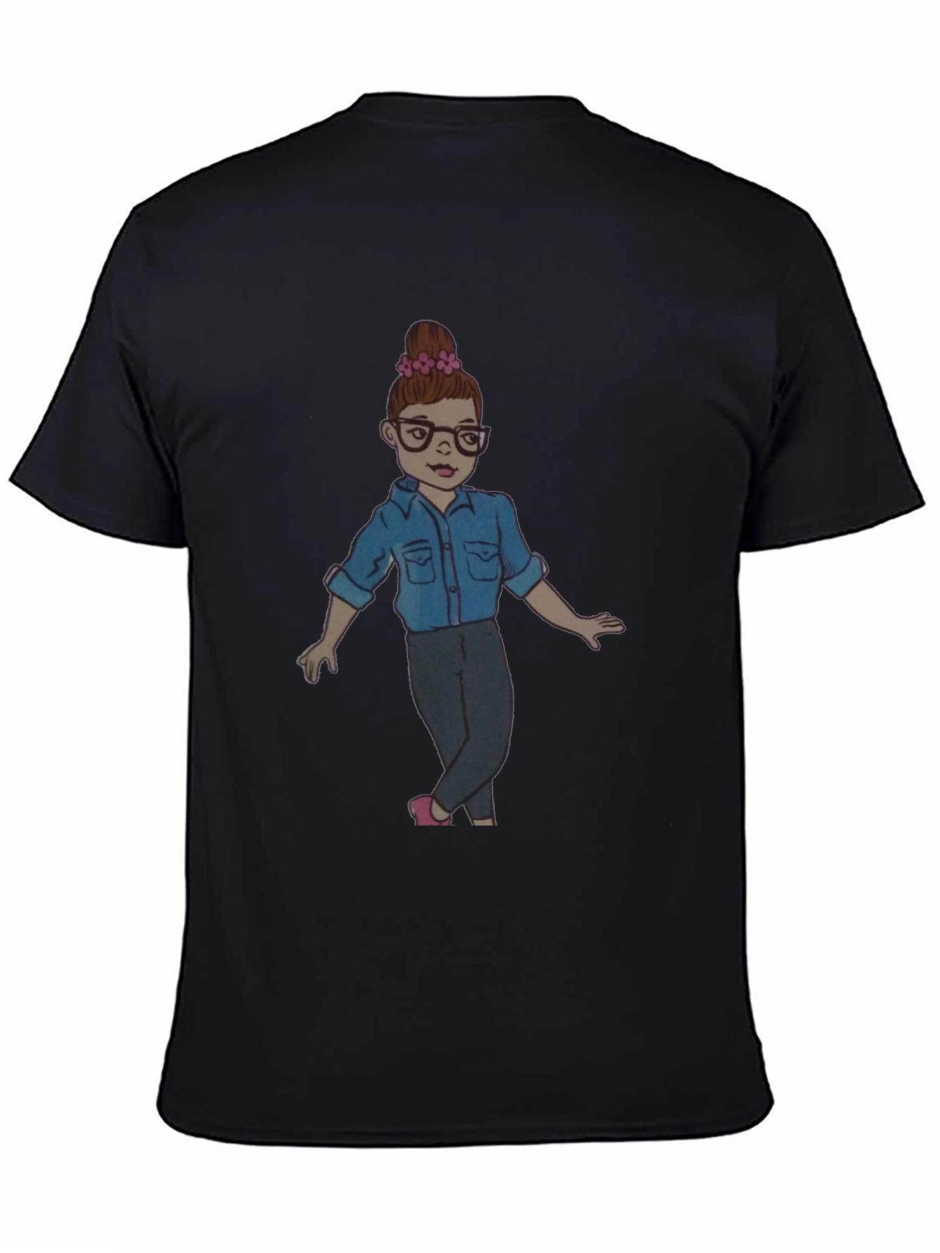 Black Black Tee with Cartoon Girl Design view 4