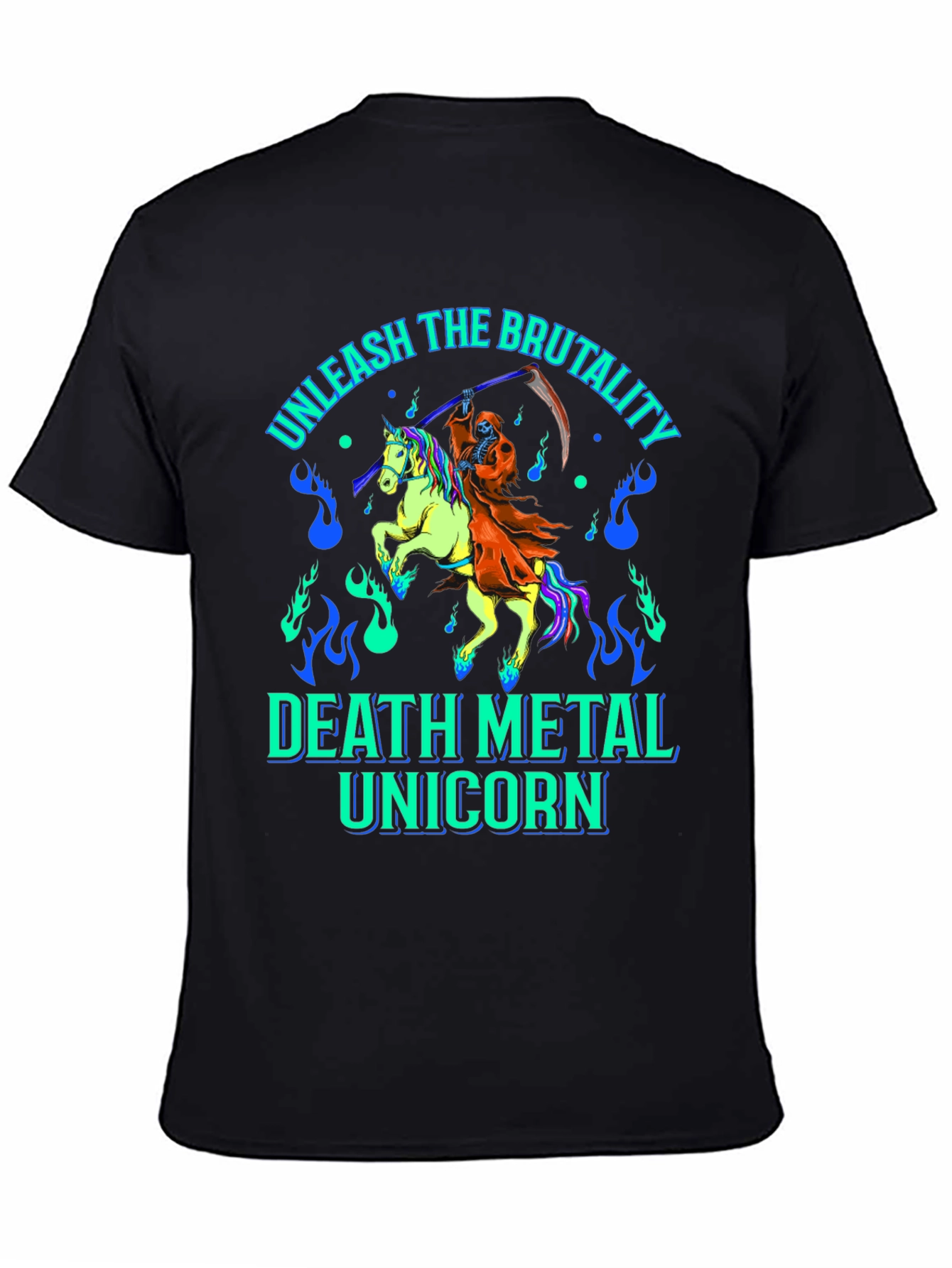 Black Unleash The Brutality Death Metal Unicorn Graphic Tee view 4