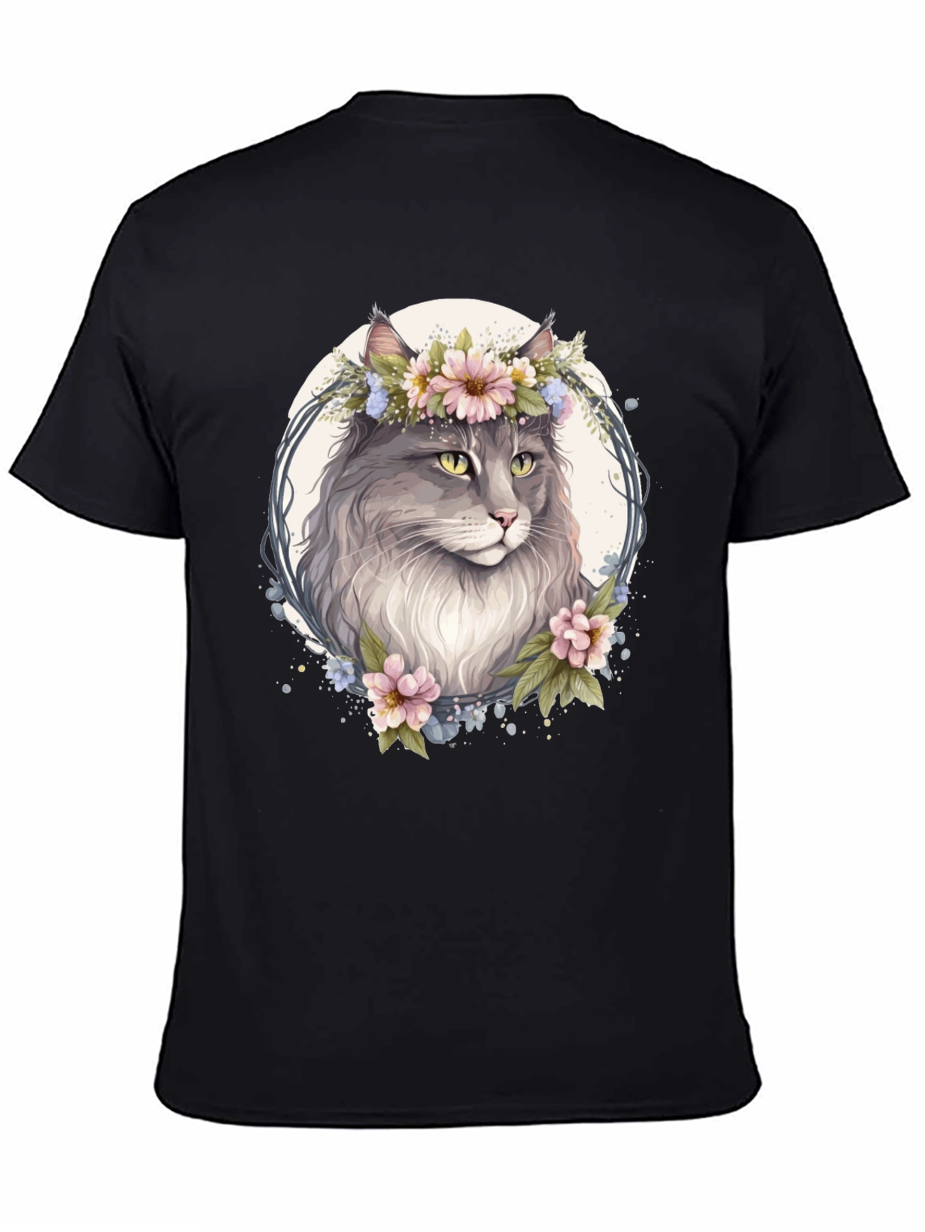 Floral Cat Graphic Black T-Shirt - 4