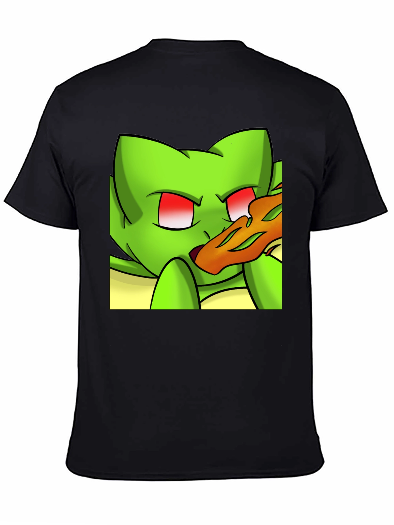 Black Cartoon Green Cat Pizza Graphic Black Tee view 4