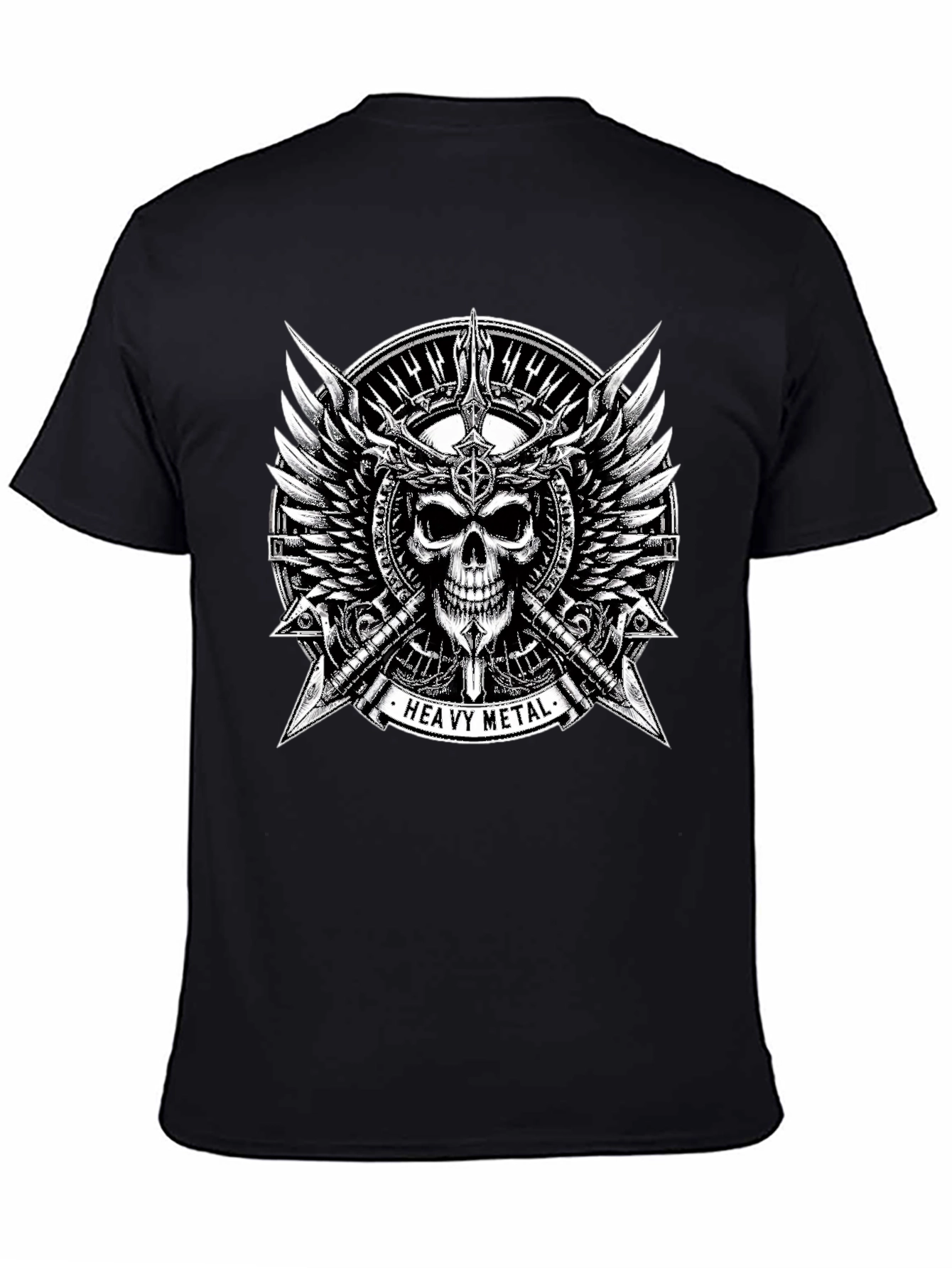 Black Heavy Metal Skull & Wings Black T-Shirt view 4