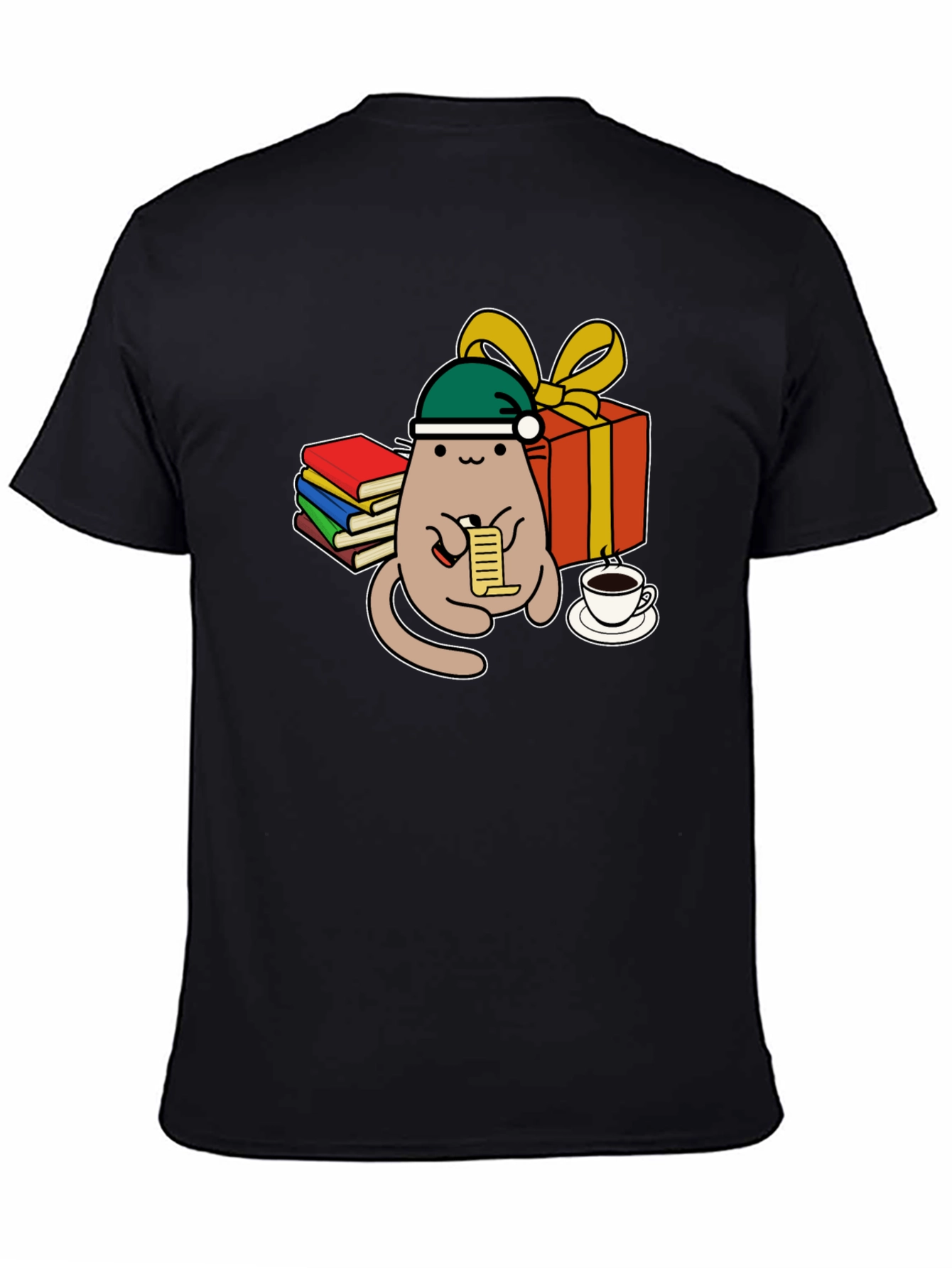 Black Festive Cat Reading Christmas List T-Shirt view 4