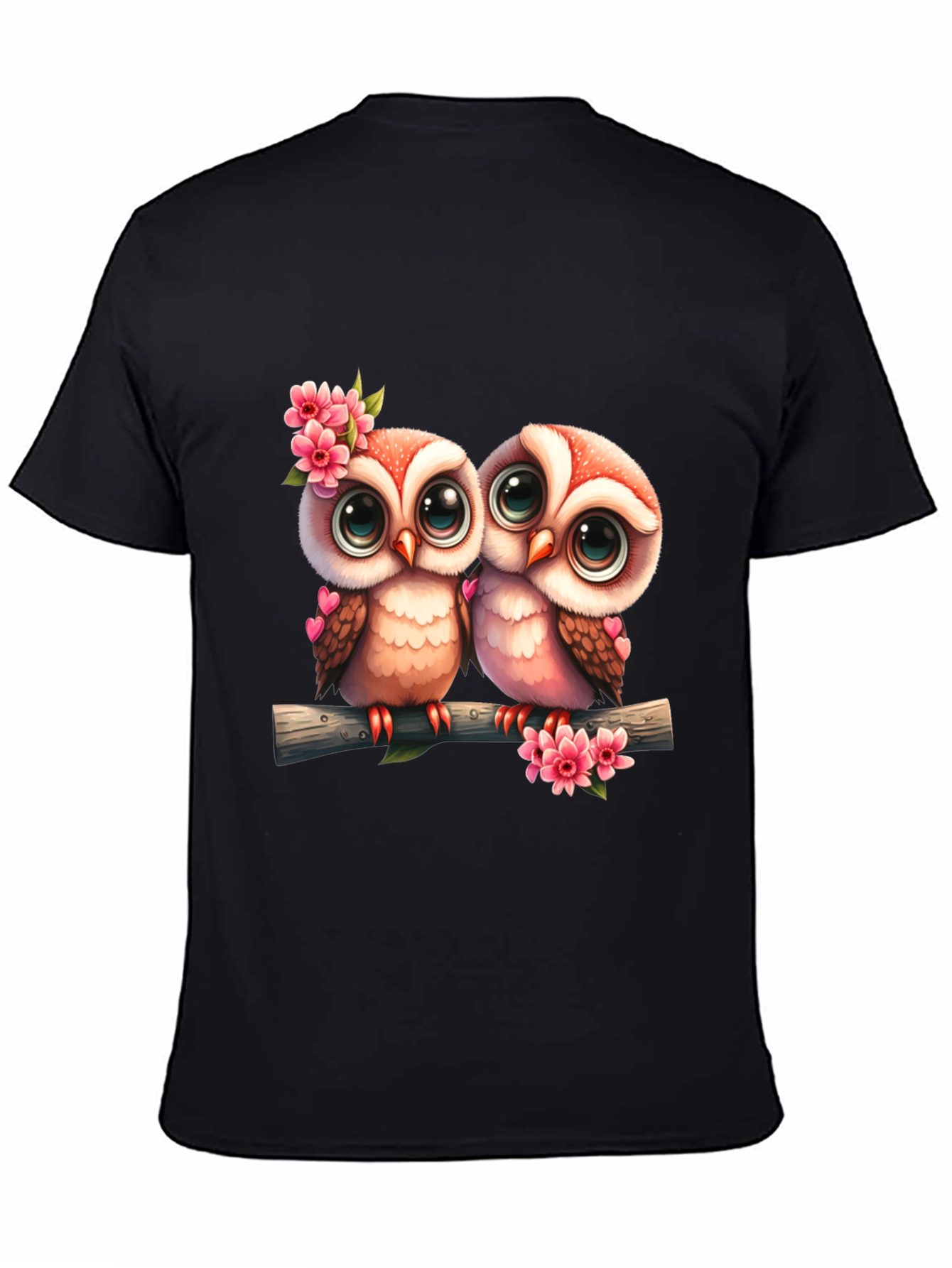 Black Owl Love Tee: Cute Cartoon Owls on Branch T-Shirt view 4
