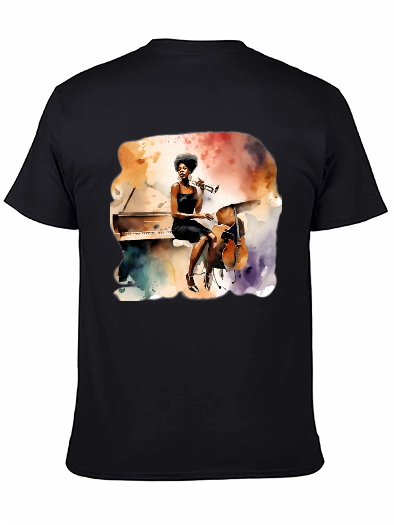Black Watercolor Jazz Musician Unisex Tee view 4
