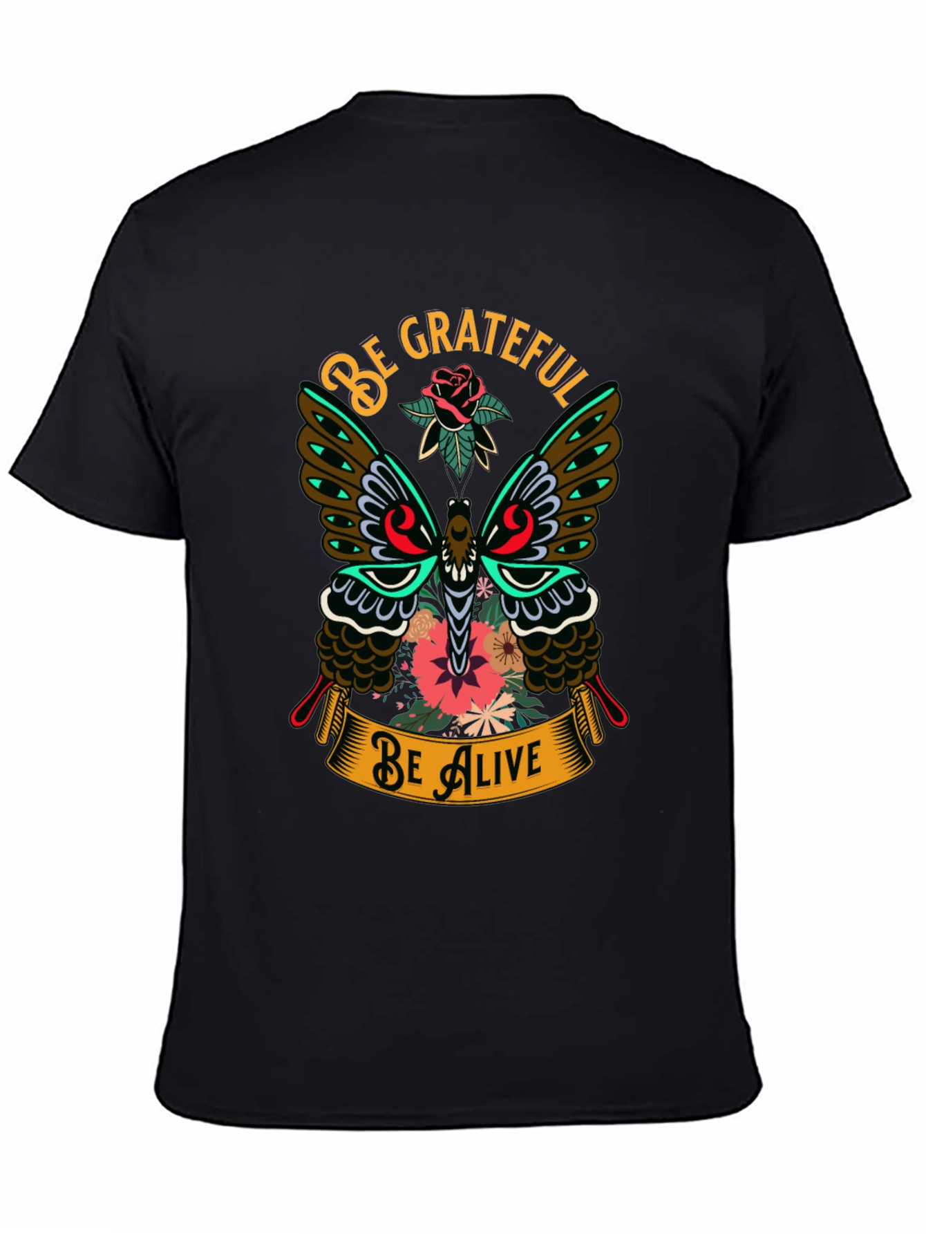 Black Be Grateful Be Alive Butterfly Graphic T-Shirt view 4