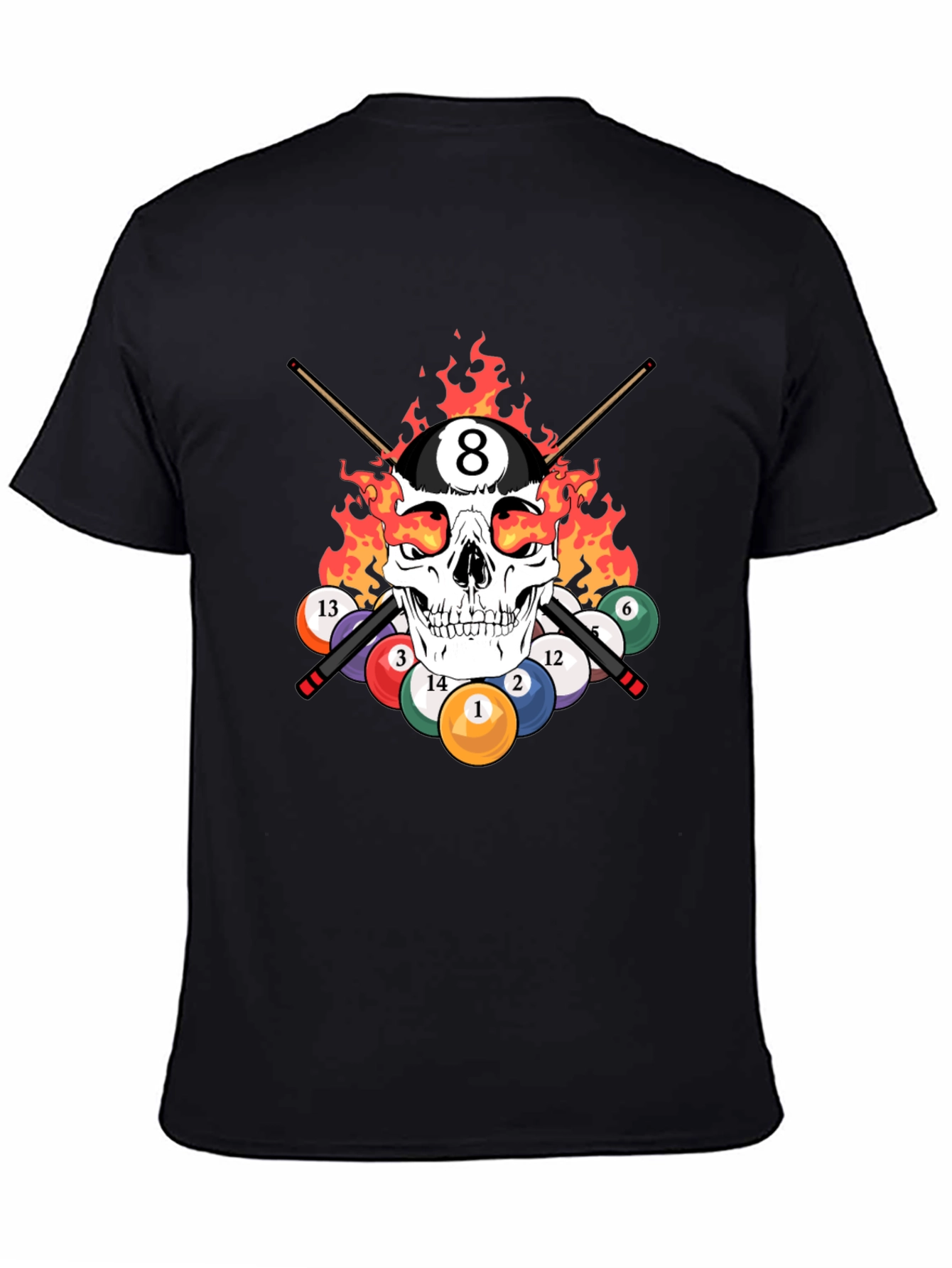Black Skull 8 Ball Flames T-Shirt - Billiards Graphic Tee view 4