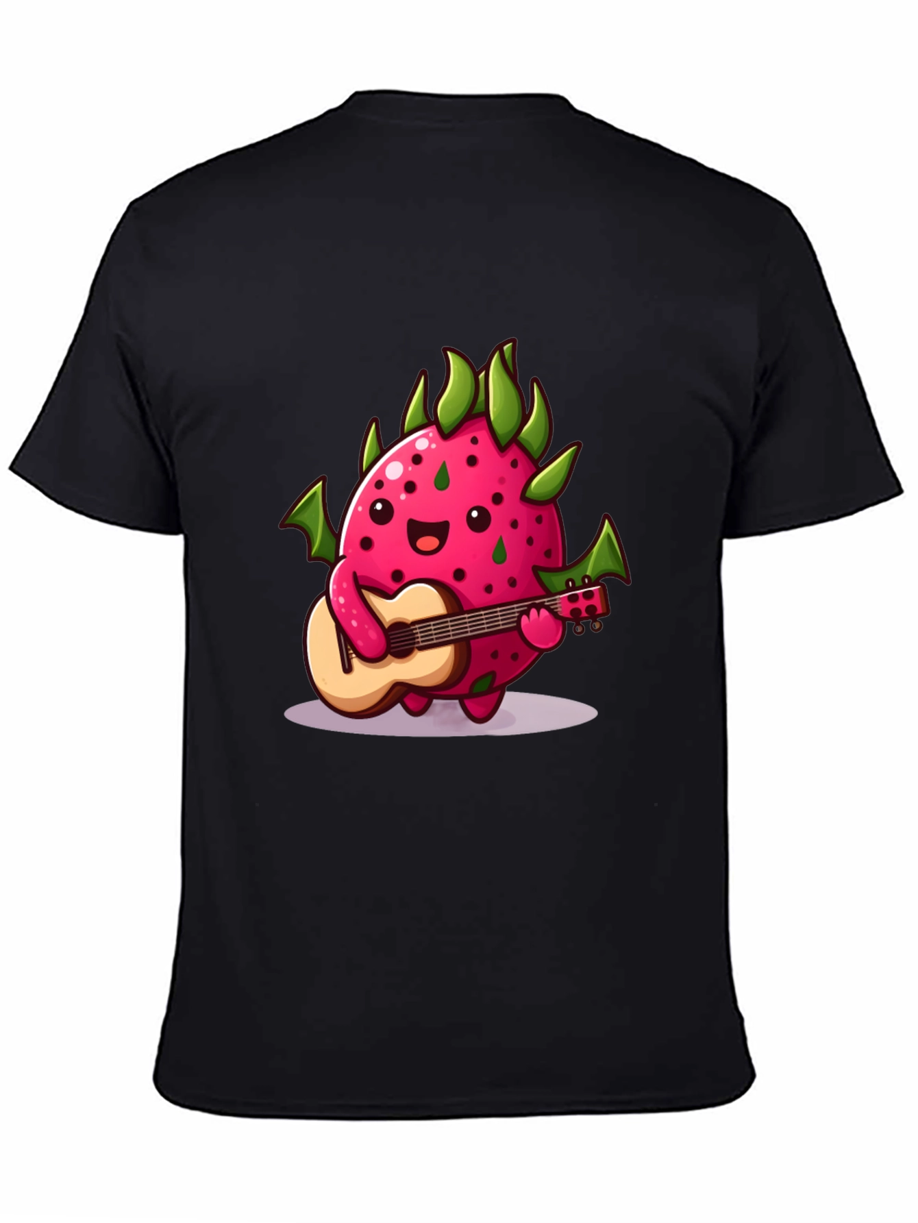 Black Cartoon Dragon Fruit Playing Guitar Black T-Shirt view 4