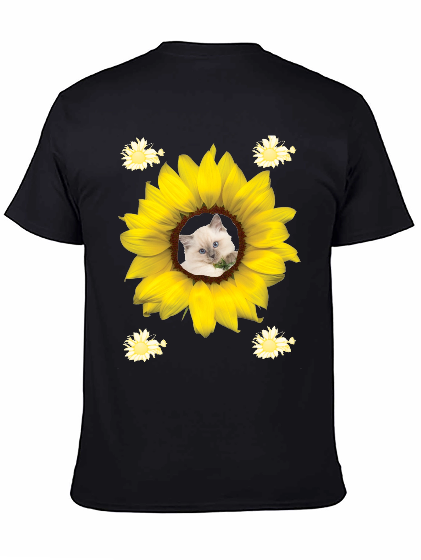 Black Sunflower Cat T-Shirt - Unique Graphic Tee view 4