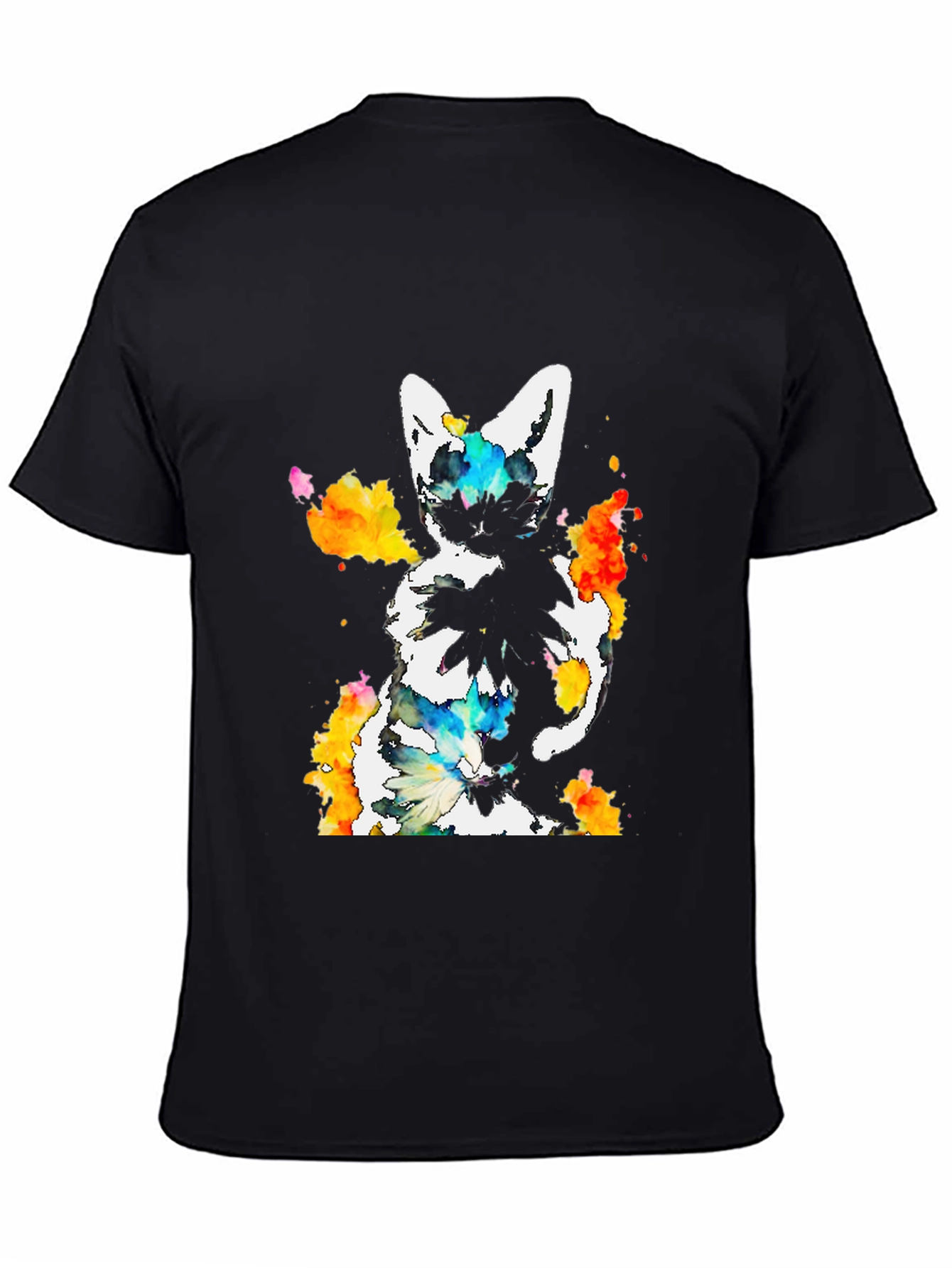 Black Watercolor Cat Print Black T-Shirt view 4