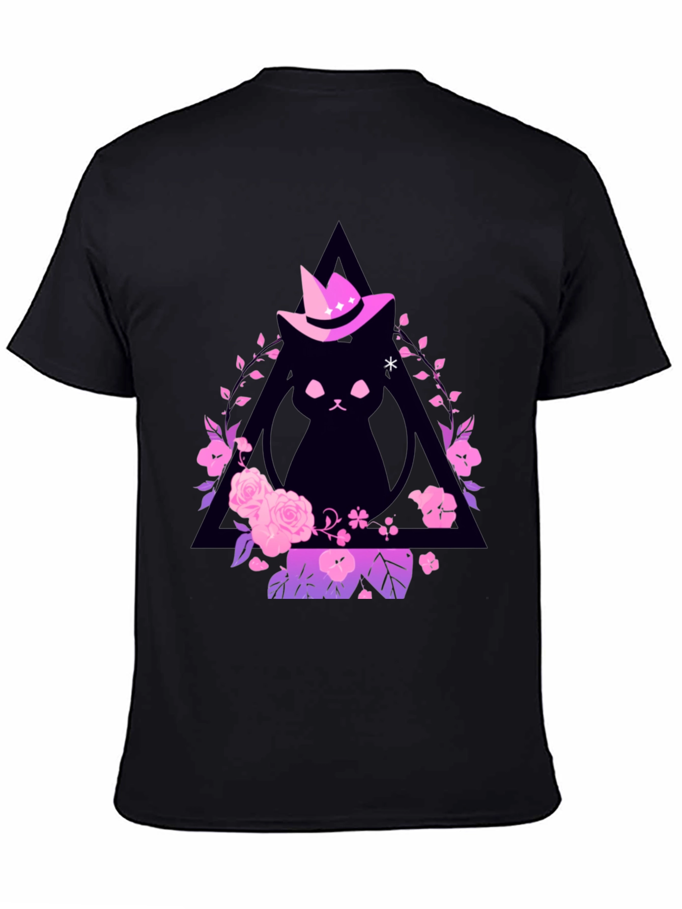Black Witch Cat Graphic Tee - Floral Triangle Design view 4