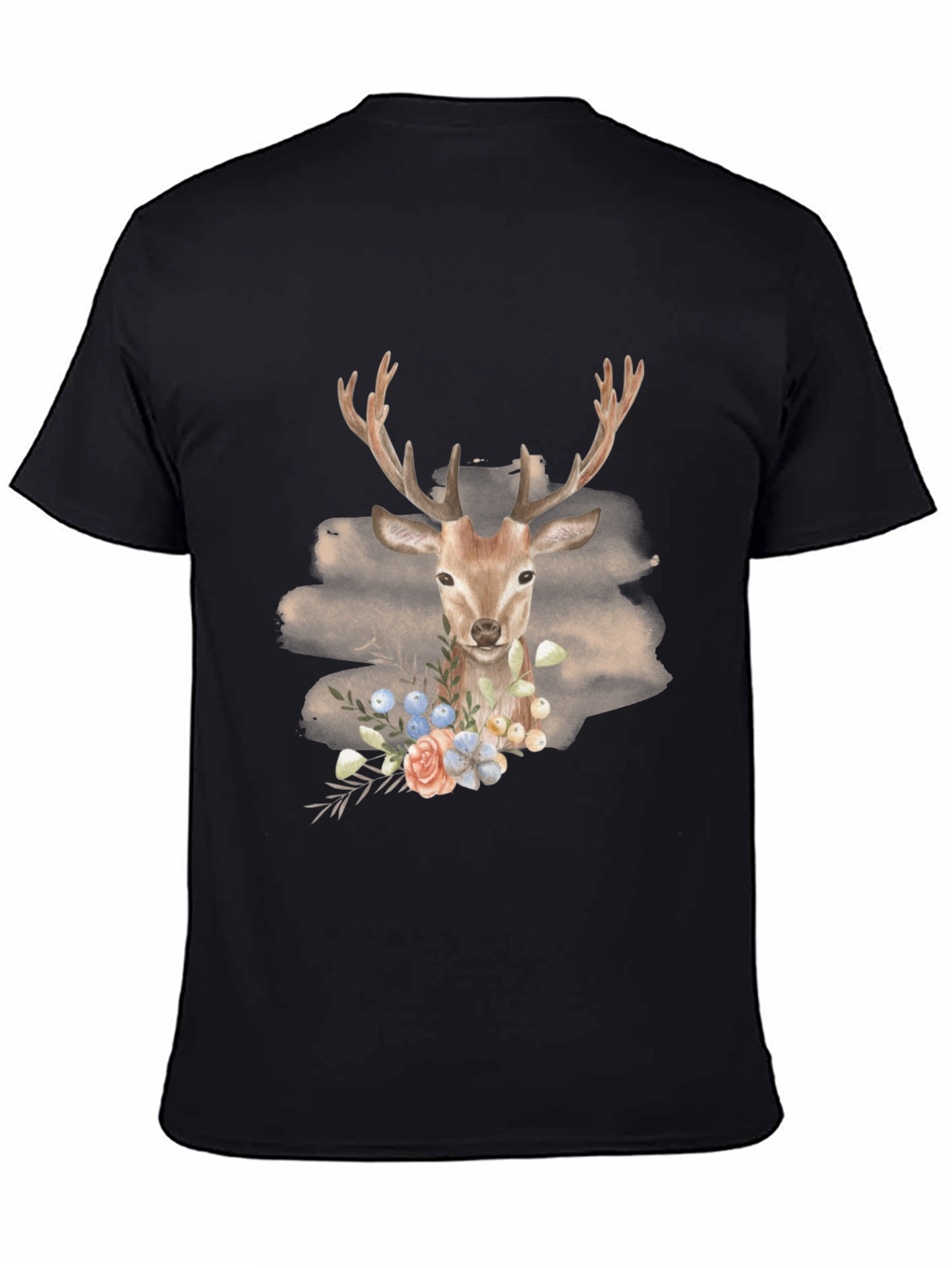 Black Deer Floral Graphic Print Tee - Men's Black T-Shirt view 4