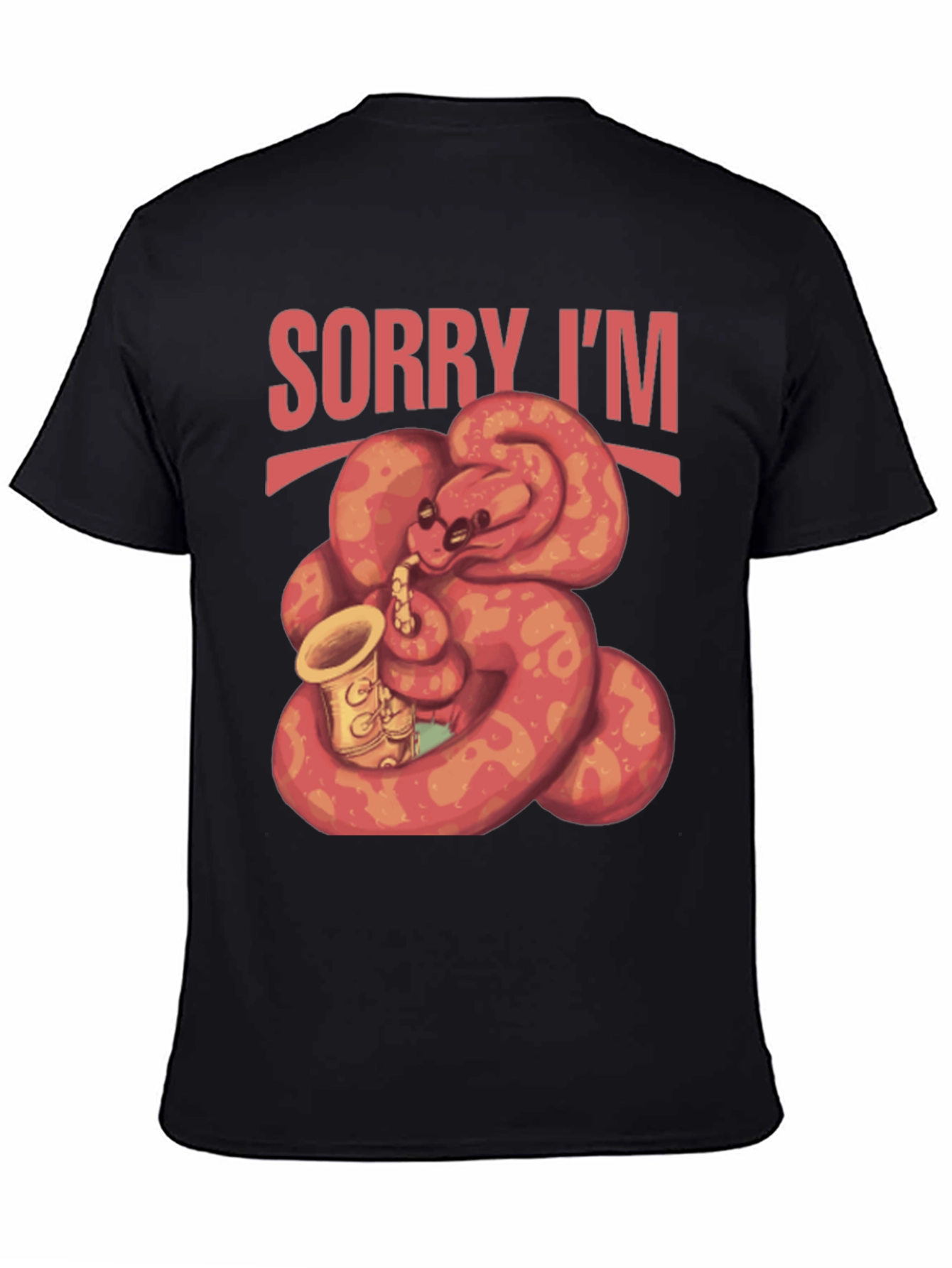 Black Sorry I'm Late Snake Saxophone T-Shirt view 4