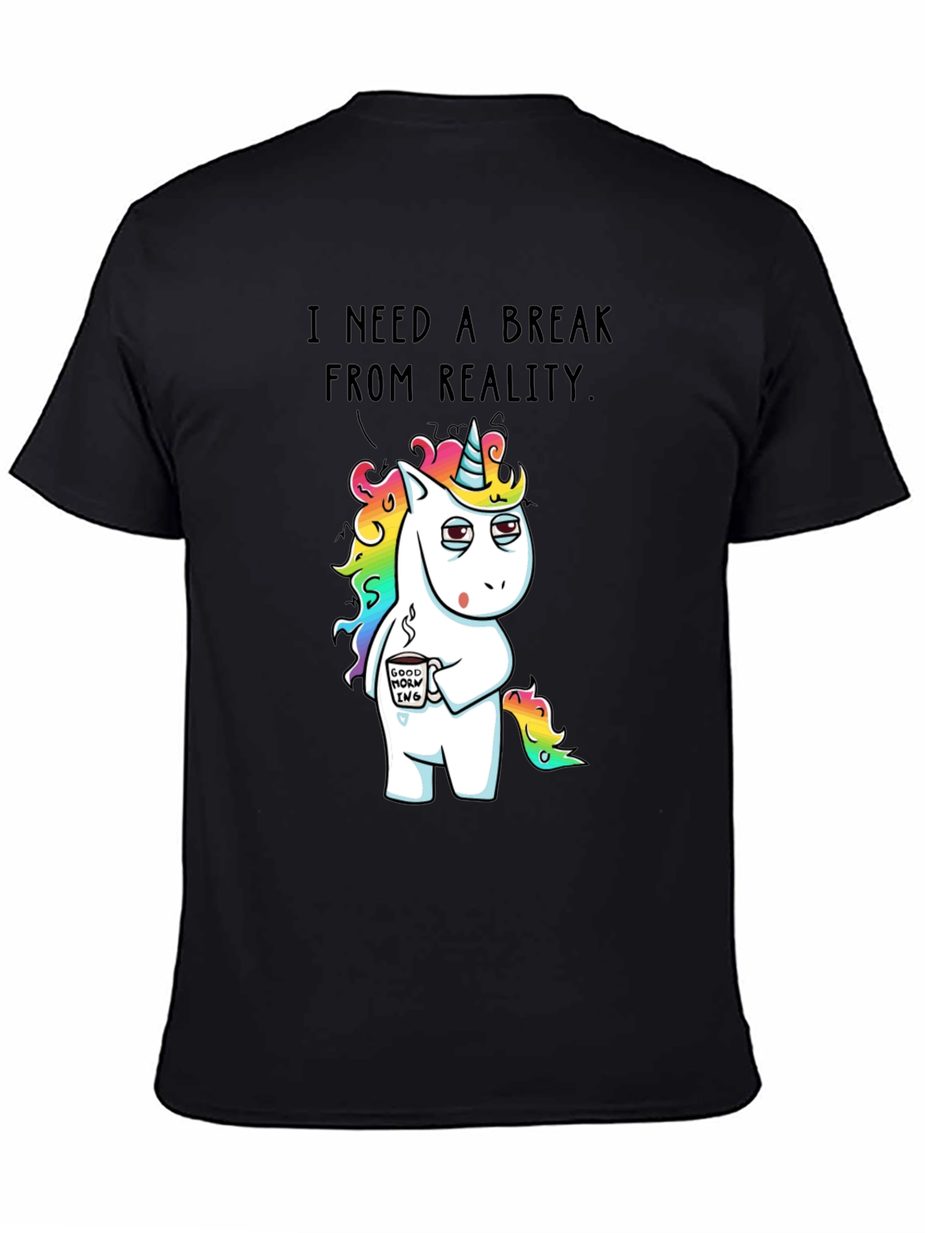 Black Funny Unicorn 'Break From Reality' Graphic T-Shirt view 4