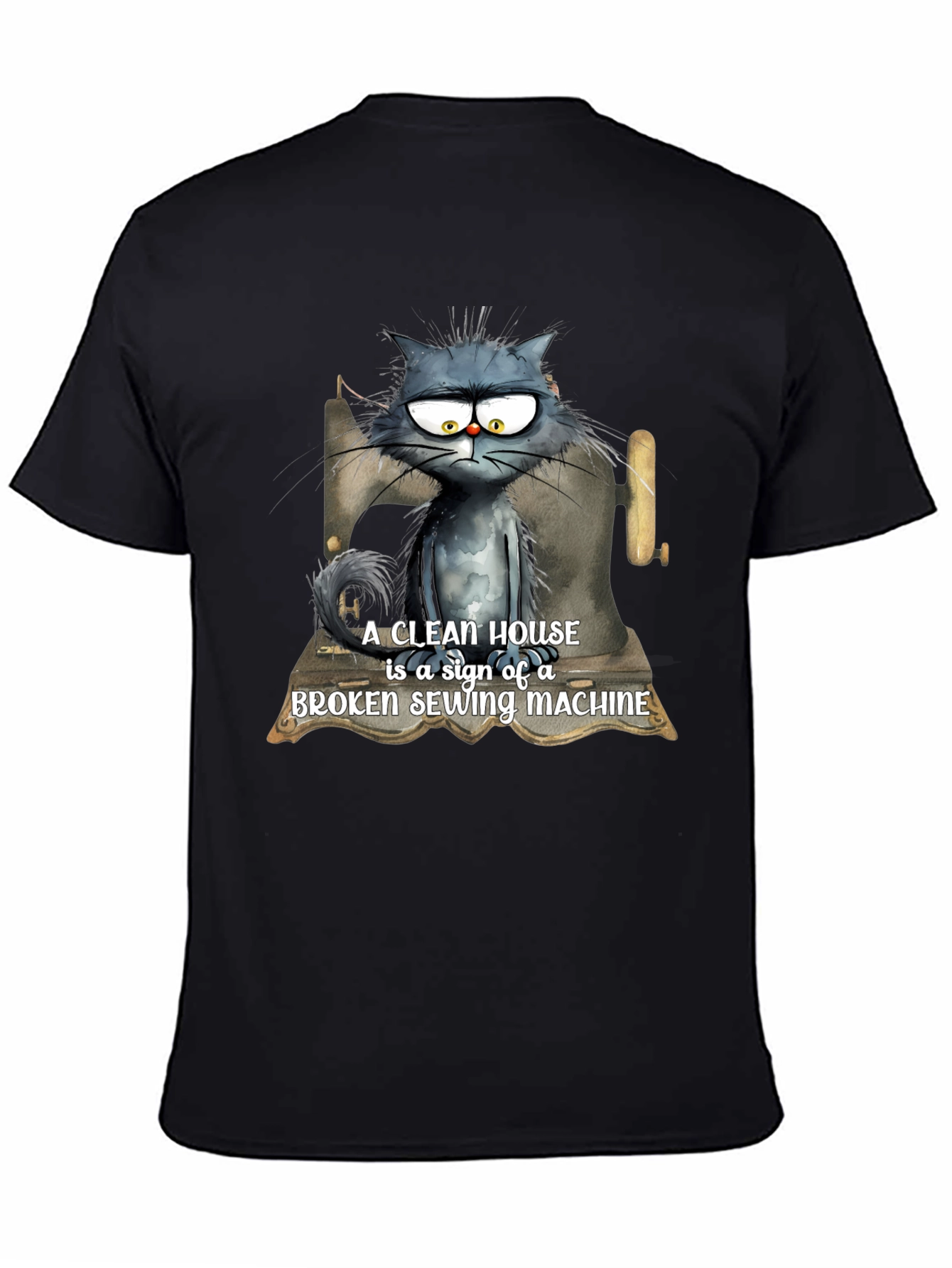 Black Cat & Sewing Machine T-Shirt - Humorous Design view 4