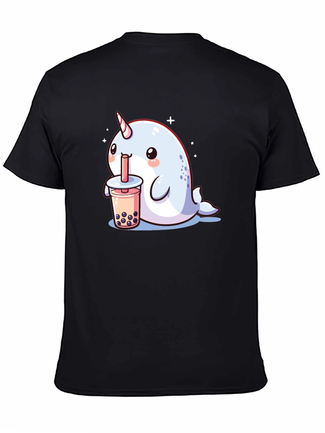 Black Cute Narwhal Boba Tea Graphic T-Shirt view 4