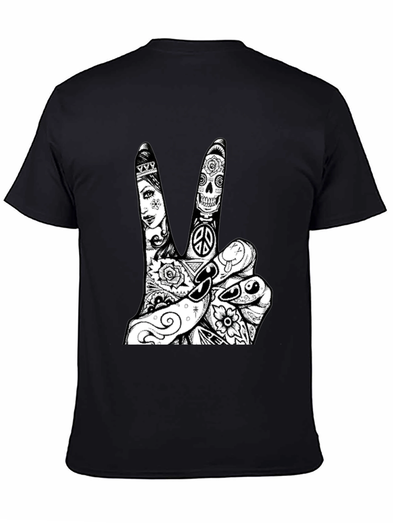 Black Peace Sign Tattoo Graphic Tee - Black Cotton T-Shirt view 4