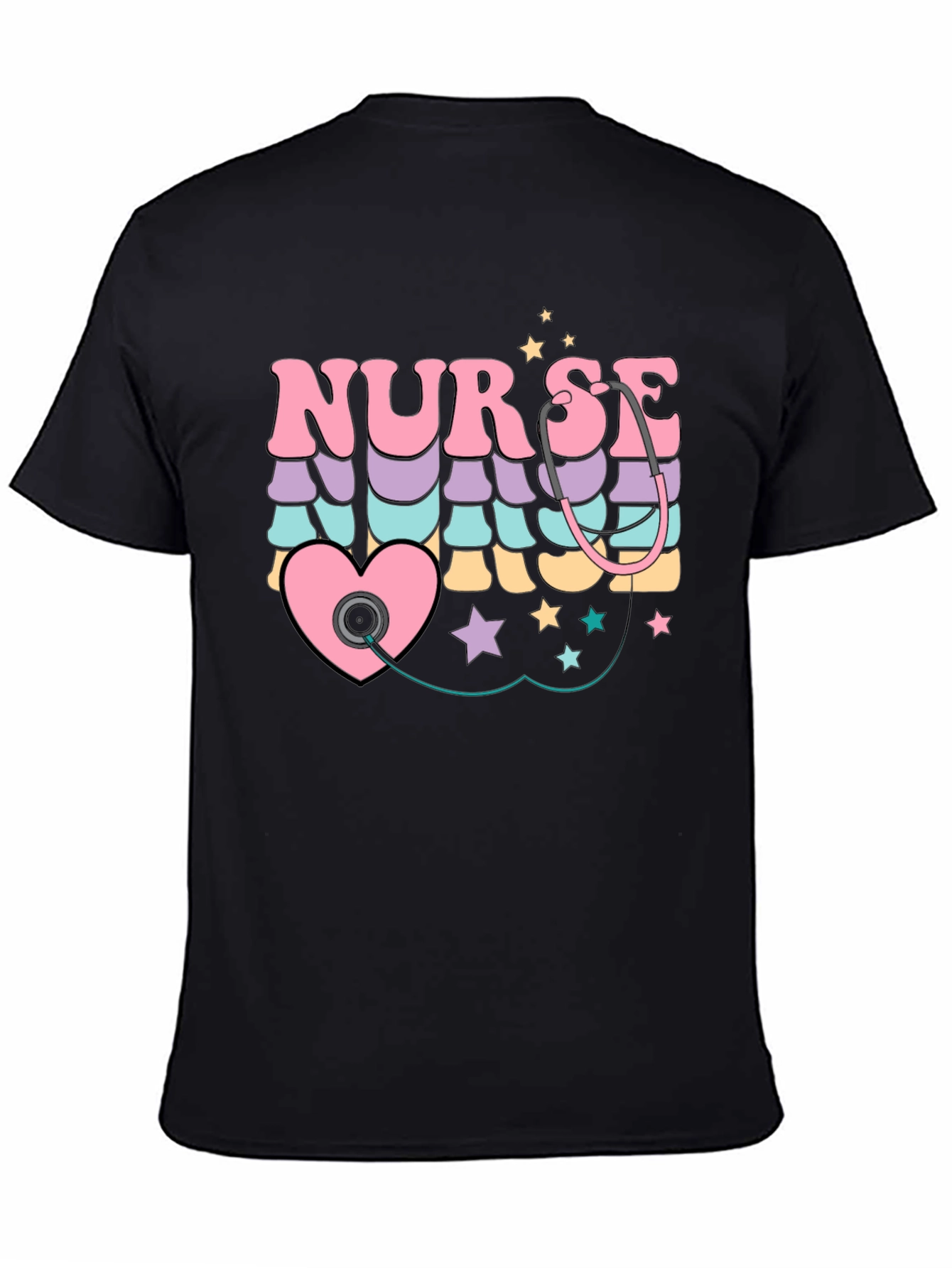 Black Retro Nurse T-Shirt with Stethoscope Heart Design view 4
