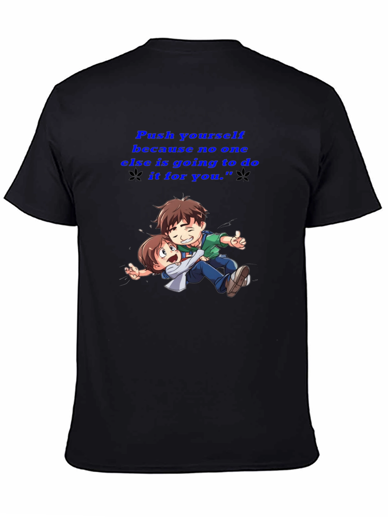 Black Motivational Black T-Shirt: "Push Yourself" Anime Design view 4