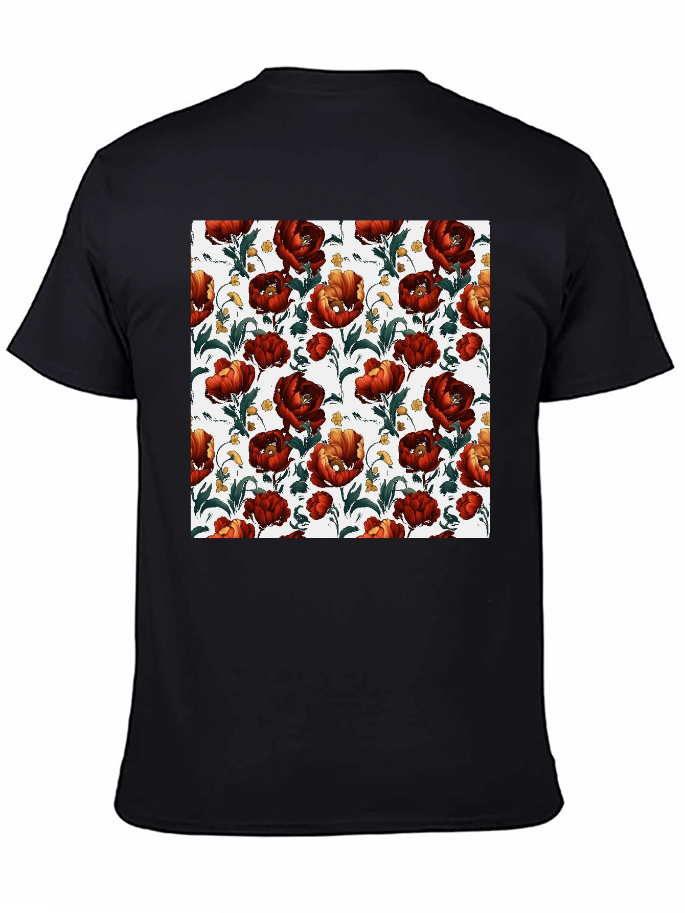 Black Floral Print Crew Neck T-Shirt - Bold Red Blooms view 4