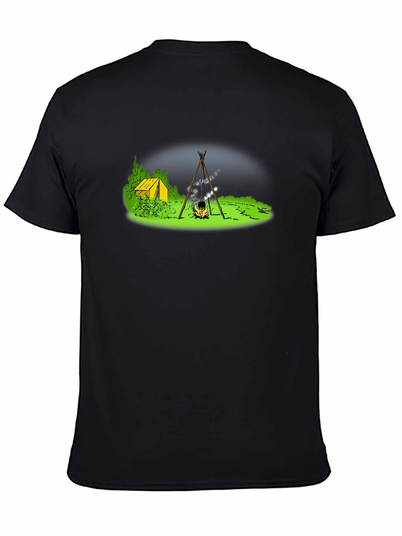 Black Camping T-Shirt - Tent & Bonfire Graphic Tee view 4