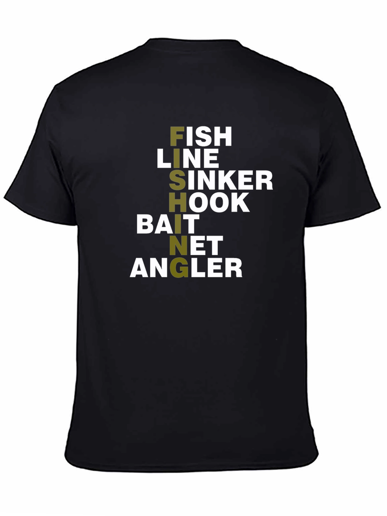 Black Fishing T-Shirt: Fish, Hook, Line, Bait, Angler Design view 4