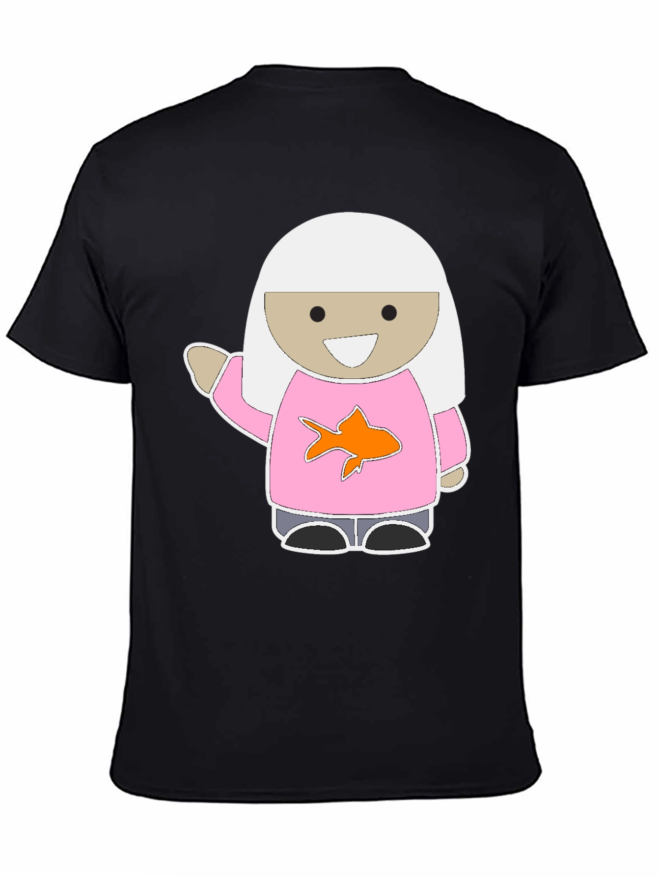 Black Cute Cartoon Girl Pink Fish T-Shirt view 4
