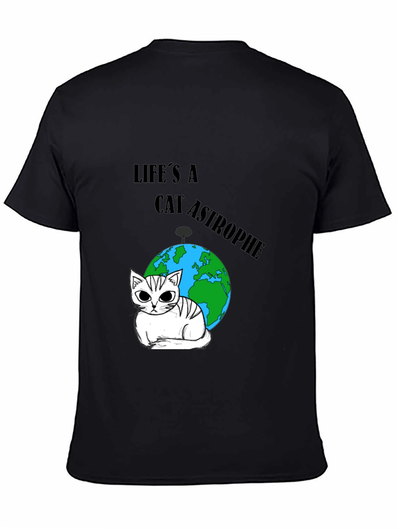 Black Catastrophe T-Shirt: Earth & Feline Humor view 4